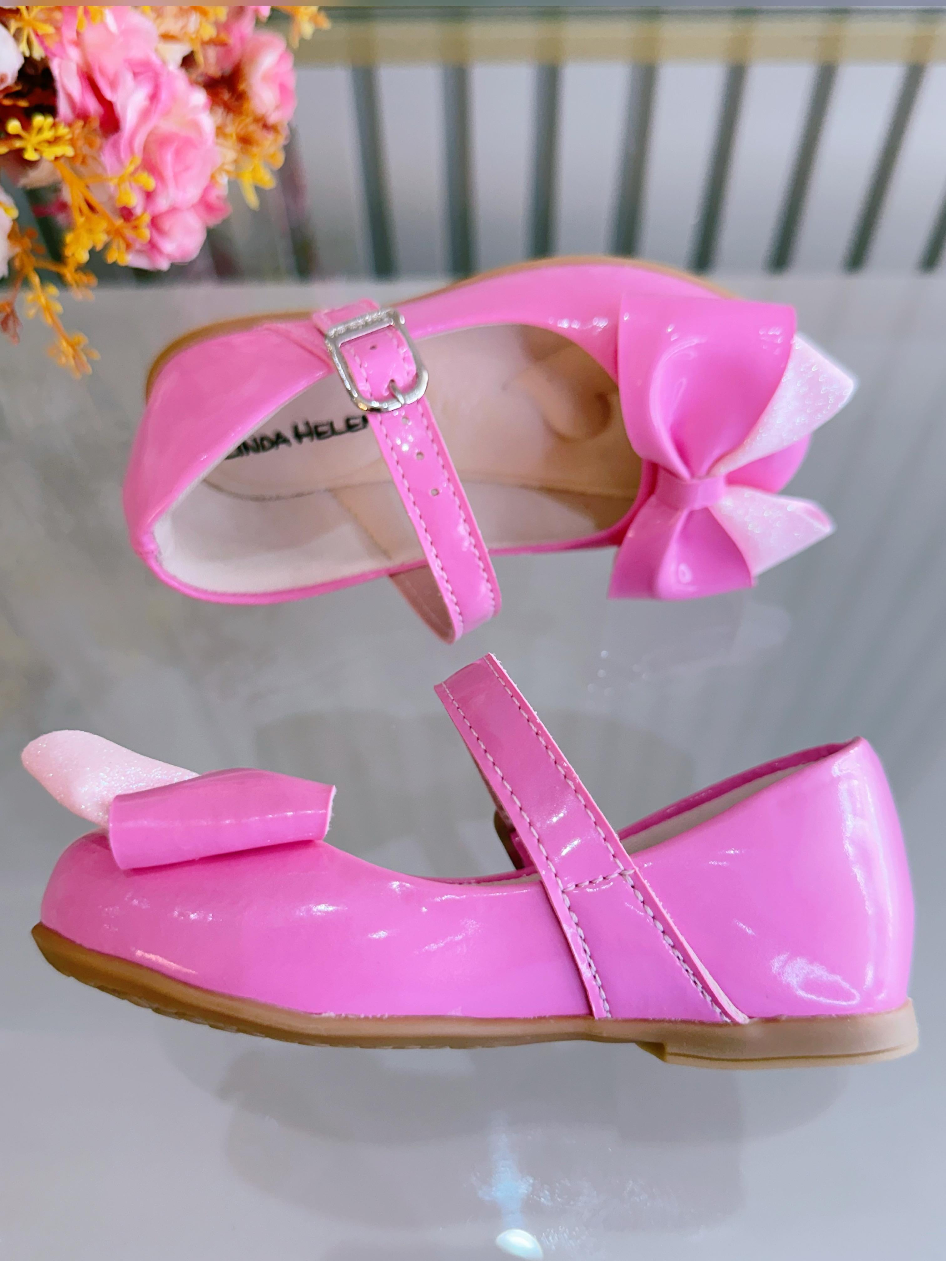 Sapatinho Rosa Chiclete Verniz Com Aplique de Lacinho Luxo