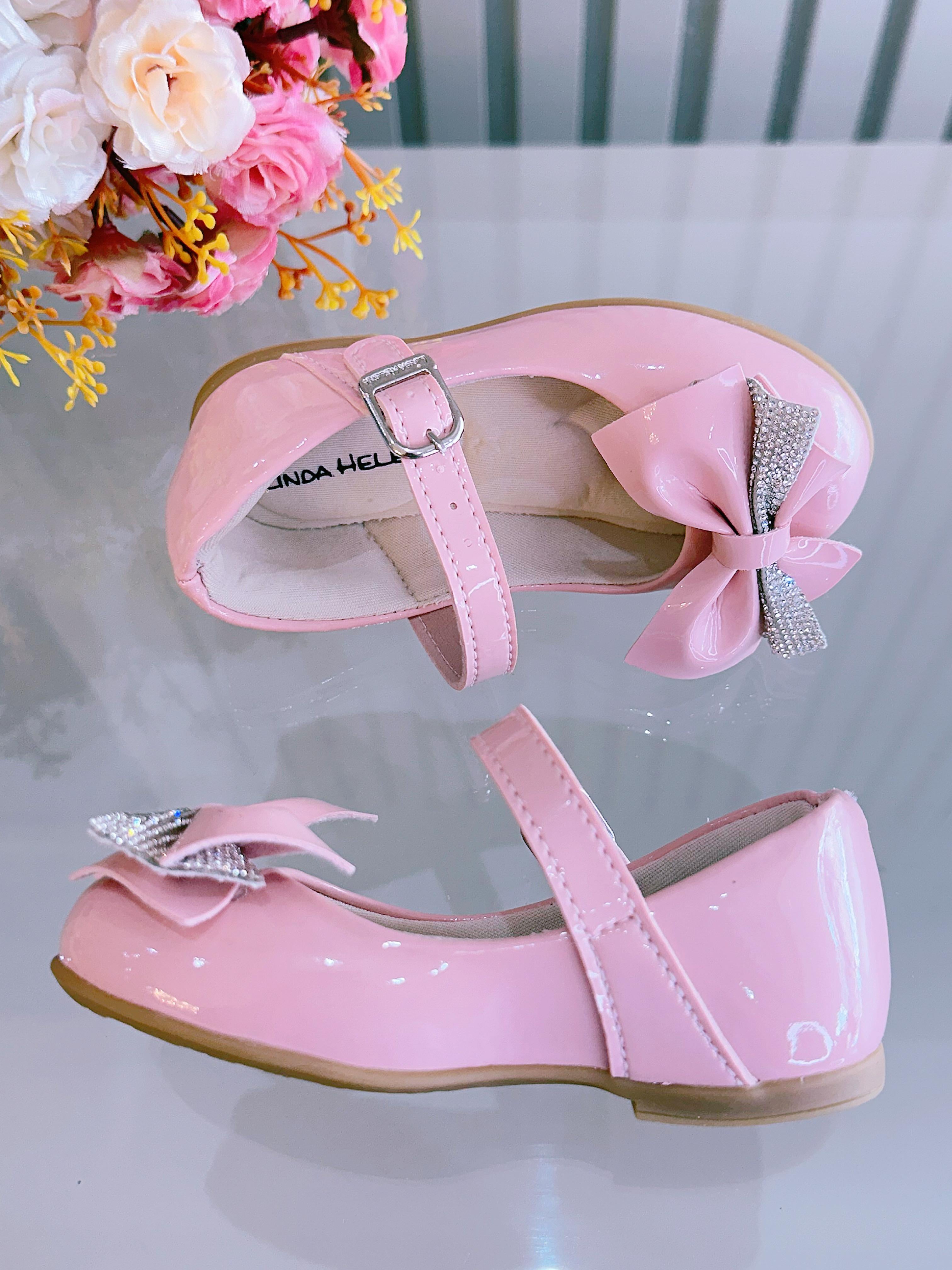 Sapatinho Rosa Verniz Aplique de Lacinho Com Strass Luxo