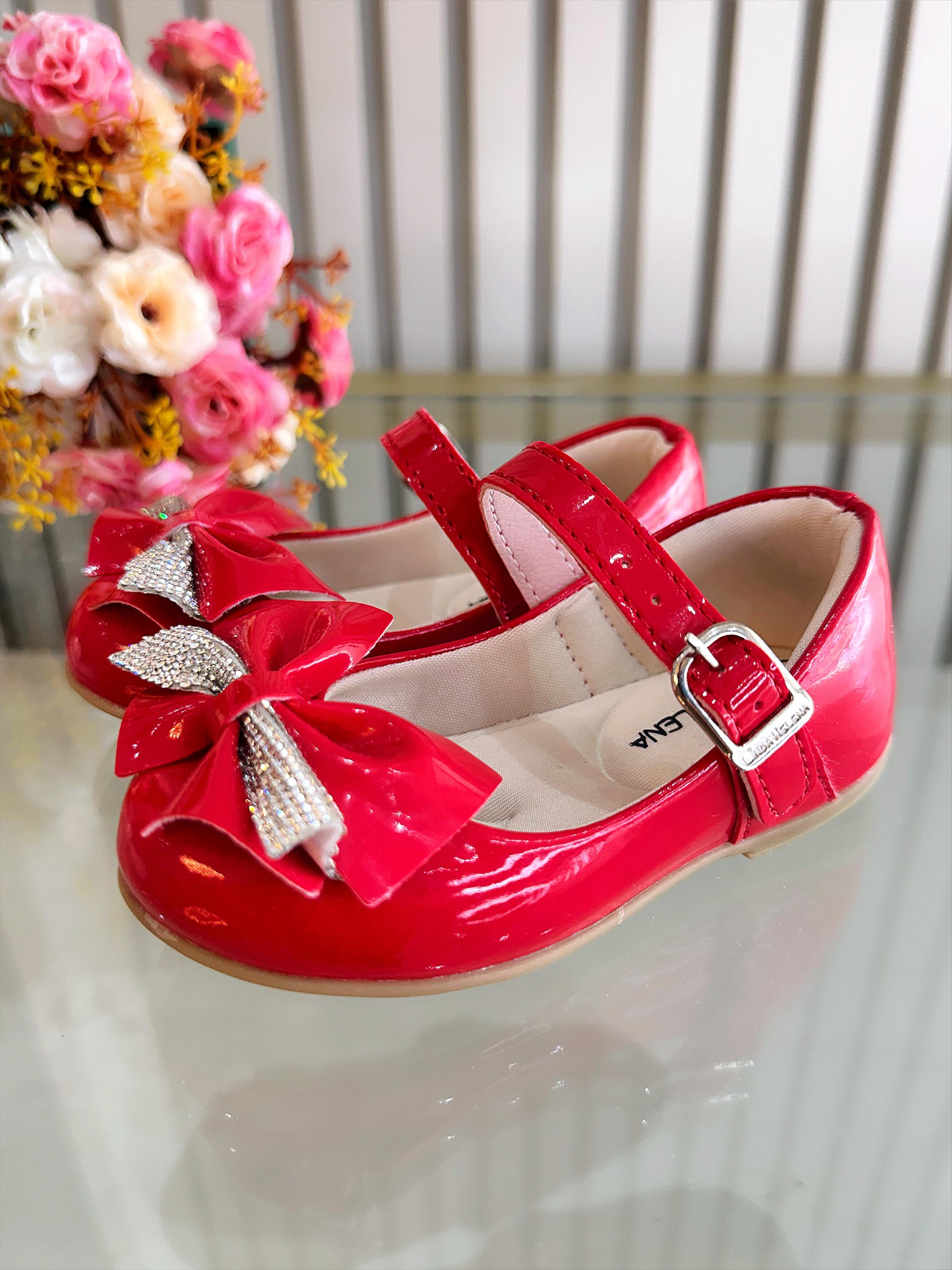 Sapatinho Vermelho Verniz Aplique de Lacinho Com Strass Luxo