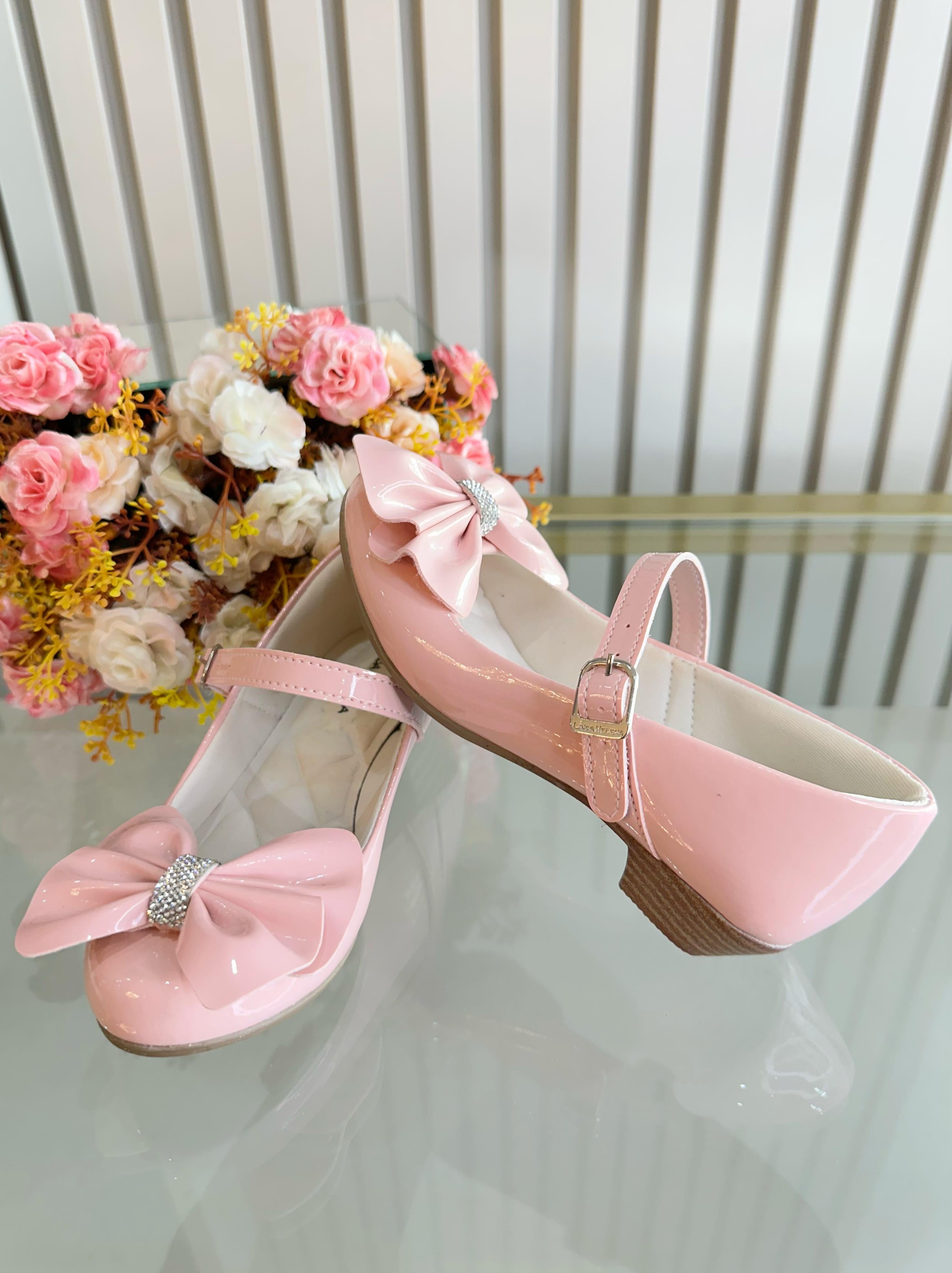 Sapatinho C/ Salto Rosa Verniz Aplique de Lacinho e Strass
