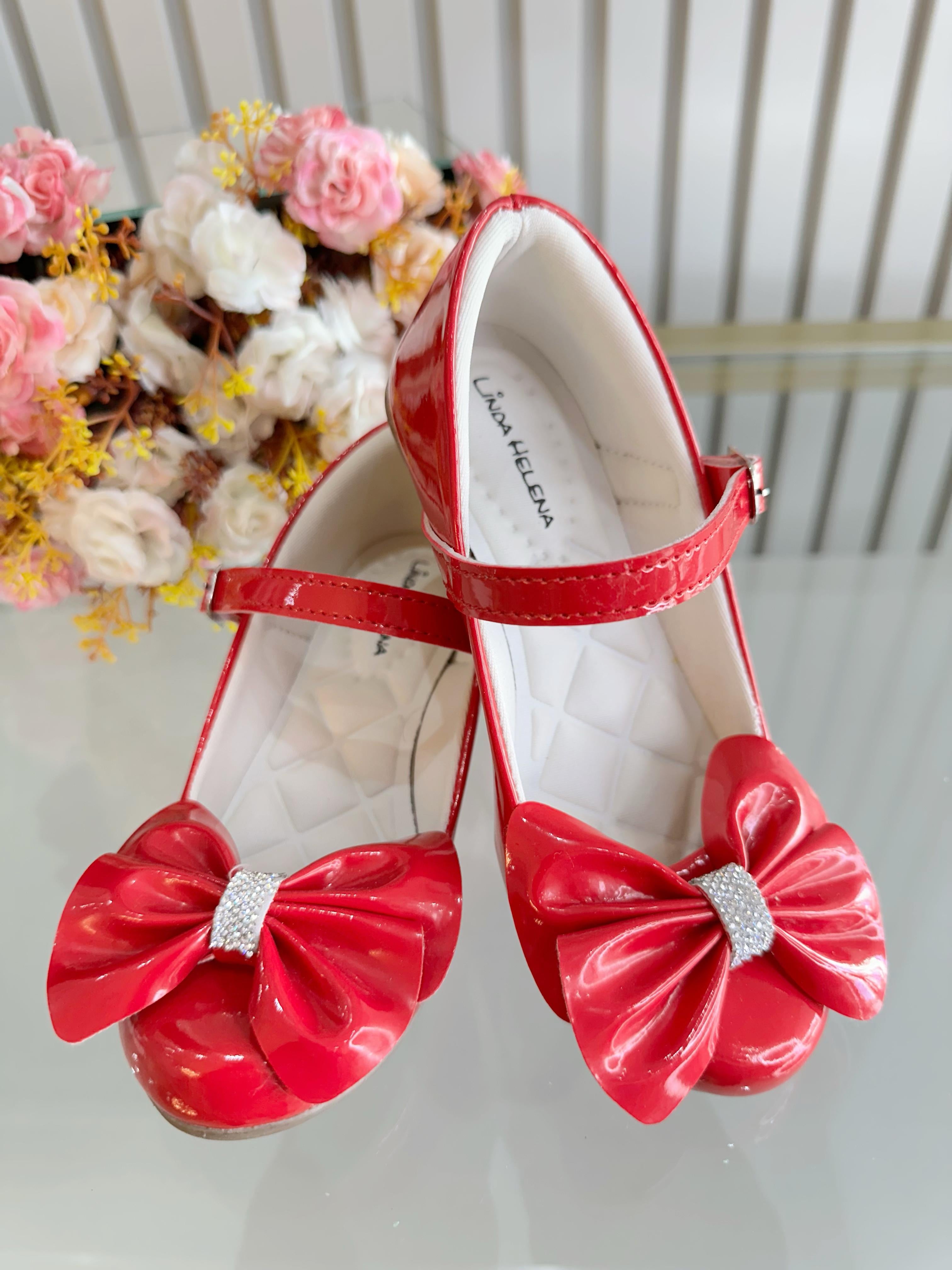 Sapatinho C/ Salto Vermelho Verniz Aplique de Lacinho e Strass