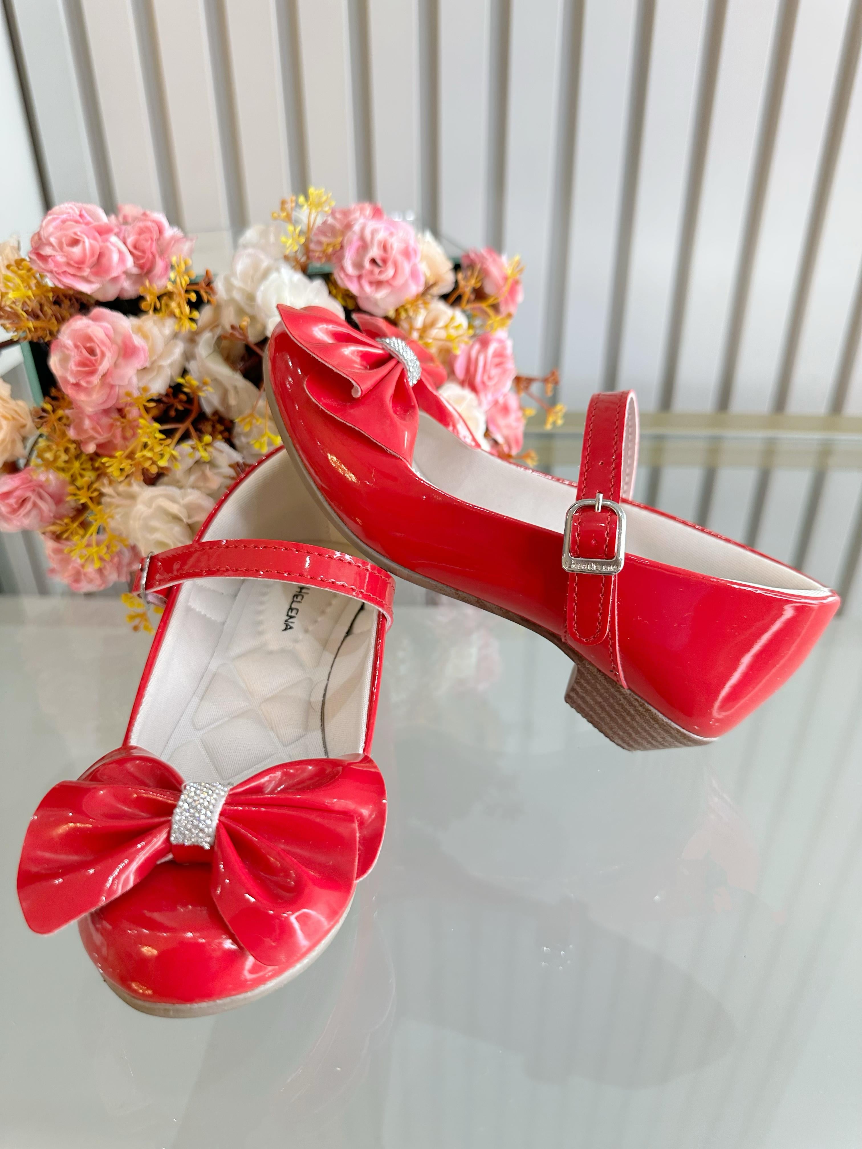 Sapatinho C/ Salto Vermelho Verniz Aplique de Lacinho e Strass