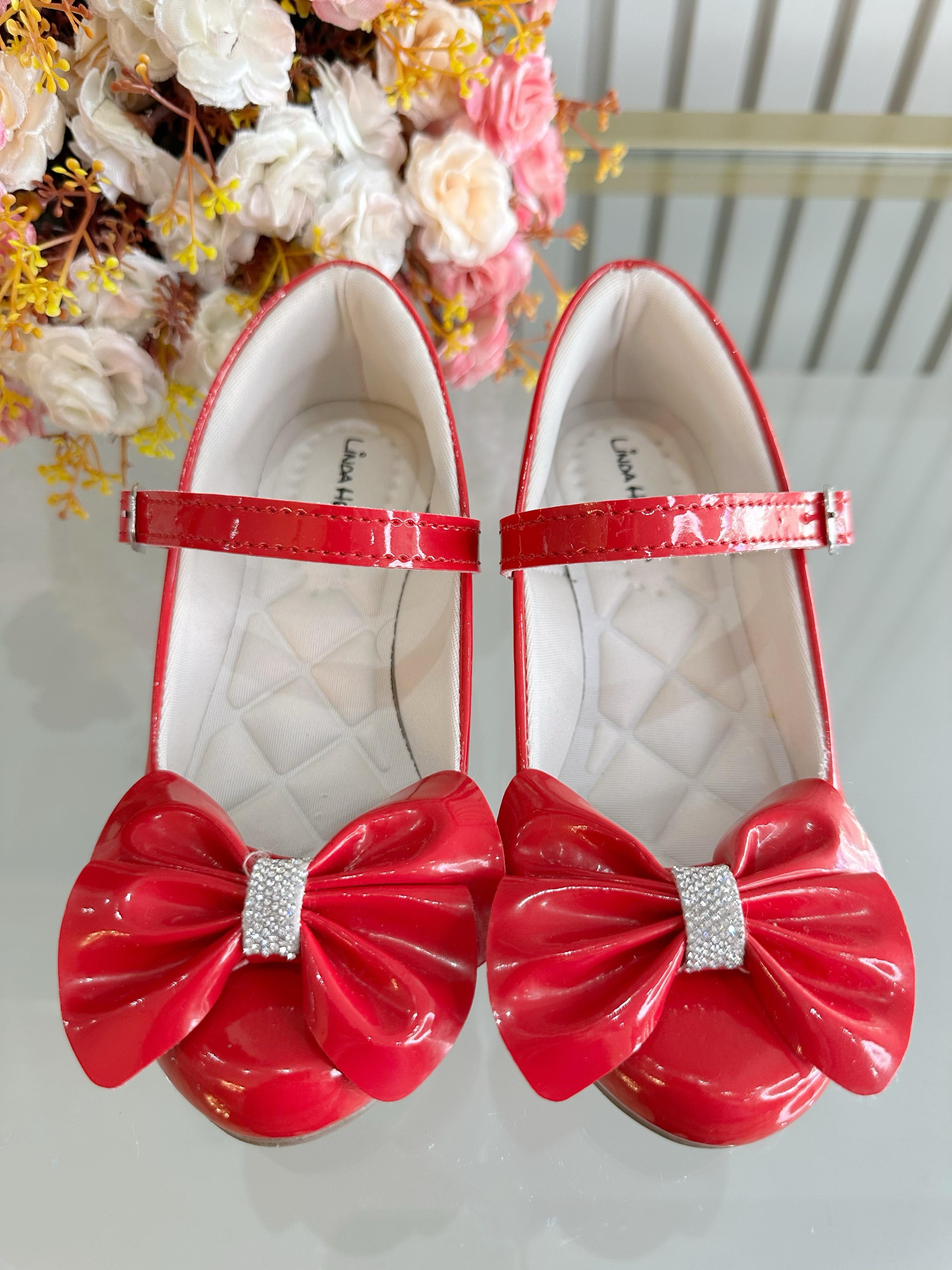 Sapatinho C/ Salto Vermelho Verniz Aplique de Lacinho e Strass