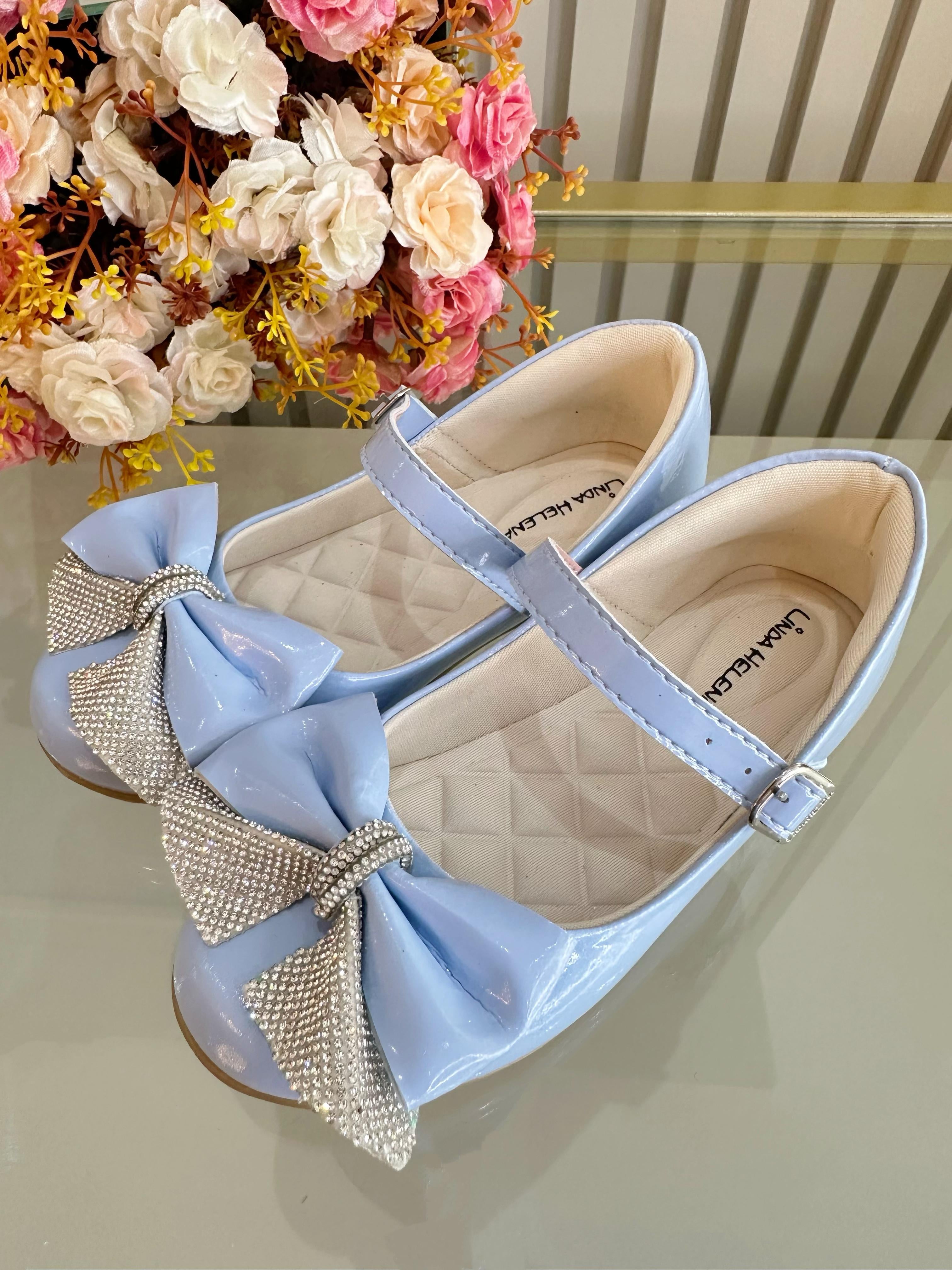 Sapatinho Infantil Azul Verniz Aplique de Lacinho Com Strass