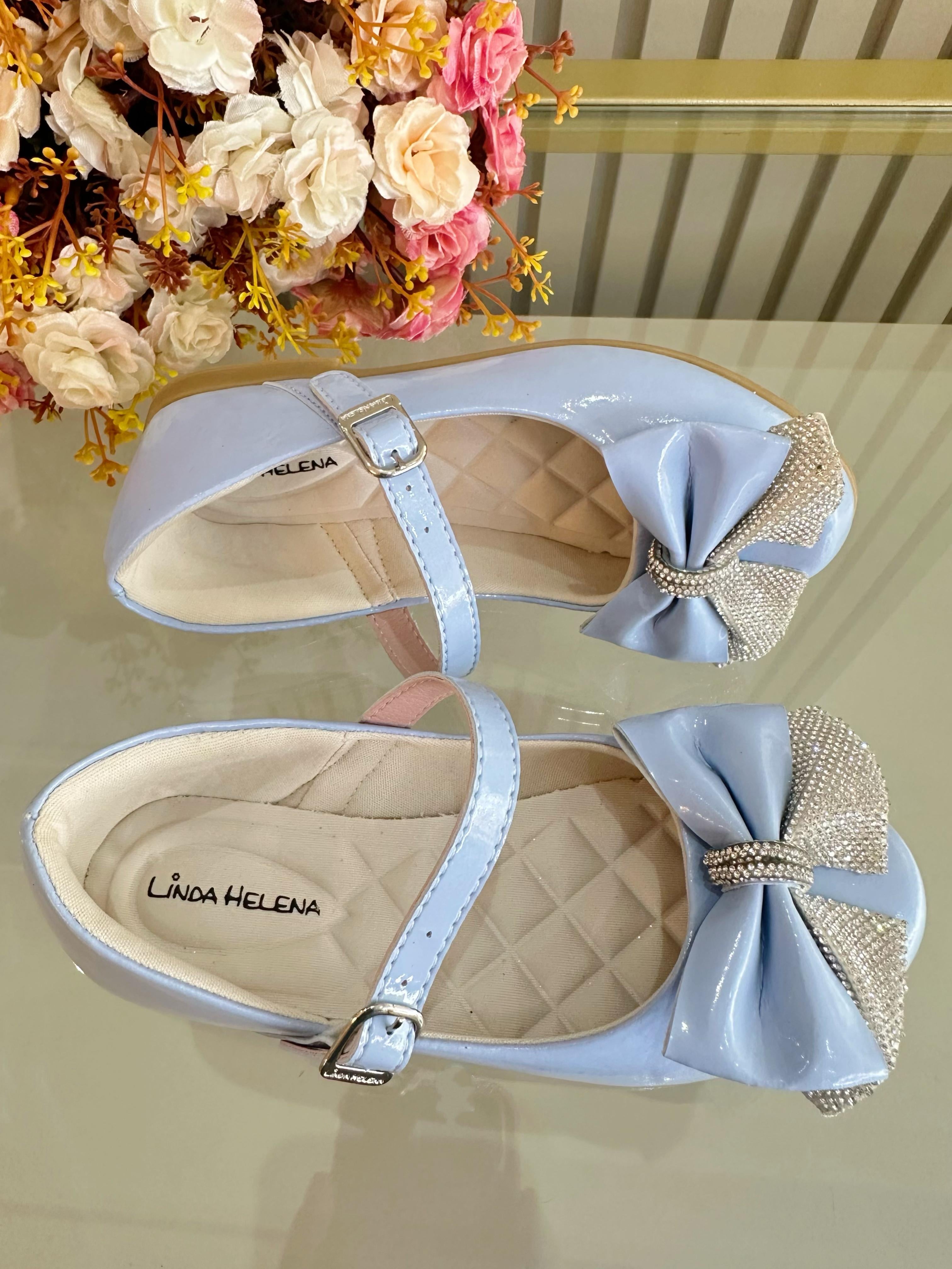 Sapatinho Infantil Azul Verniz Aplique de Lacinho Com Strass