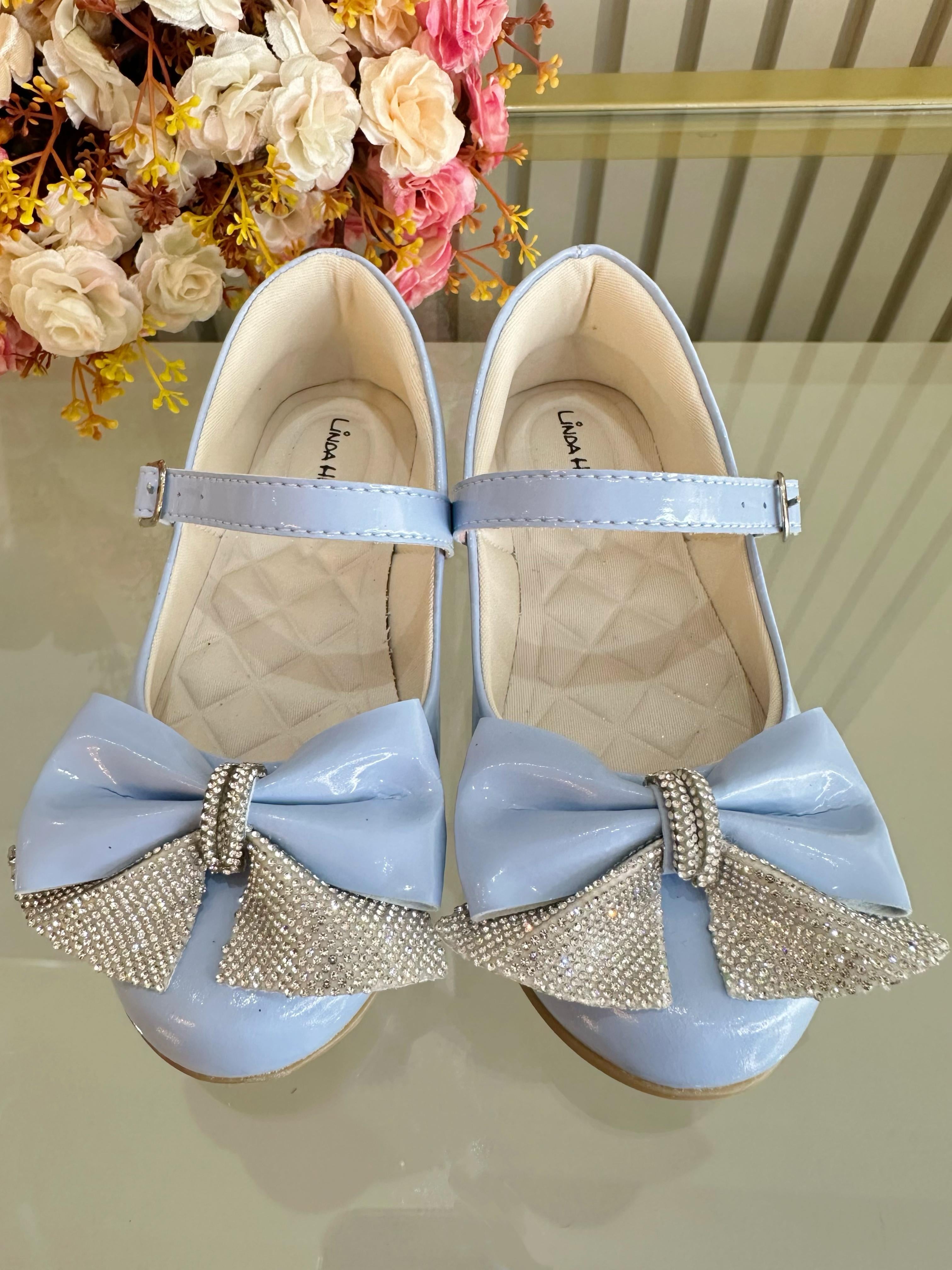 Sapatinho Infantil Azul Verniz Aplique de Lacinho Com Strass