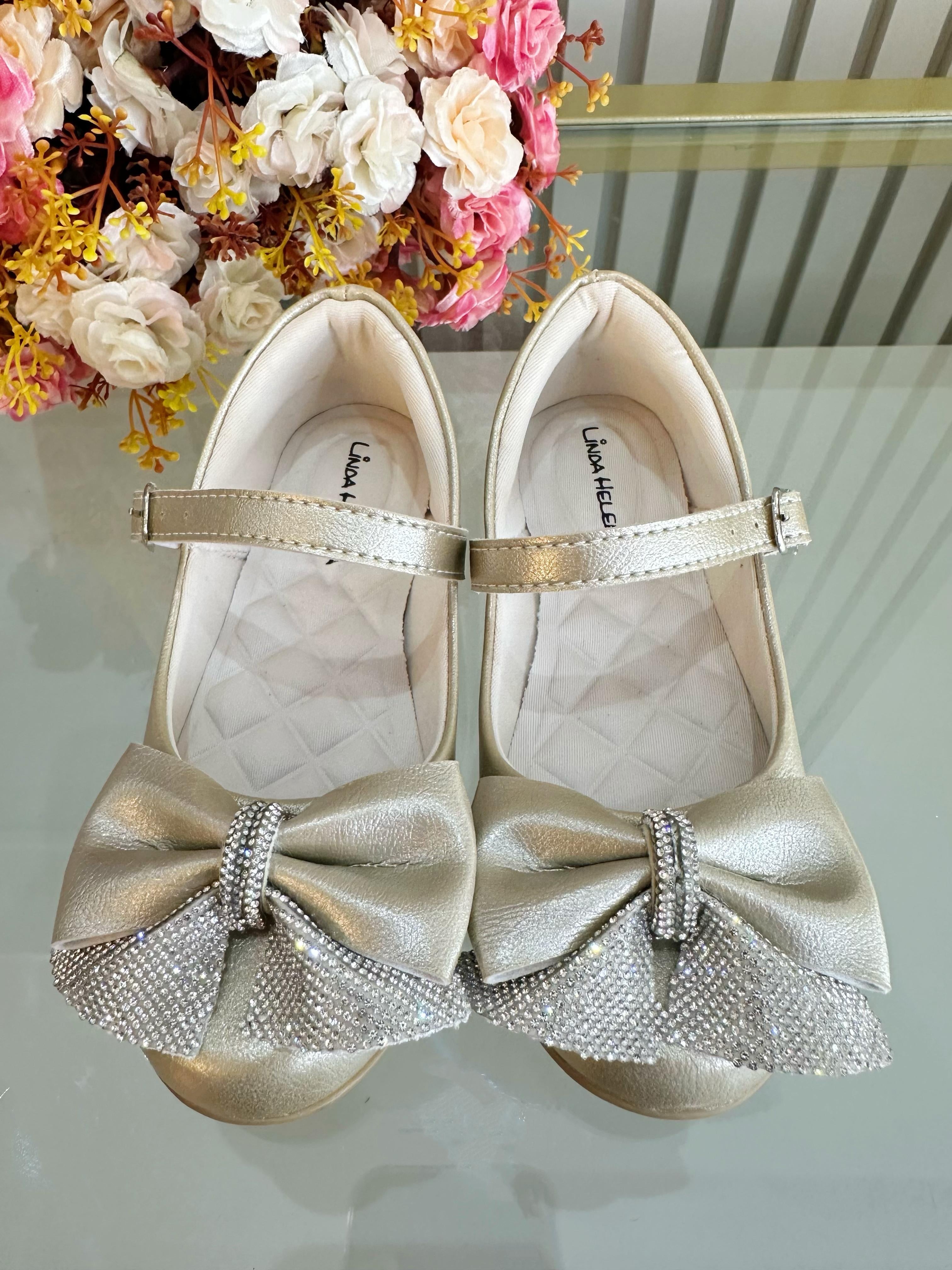 Sapatinho Infantil Dourado Fosco Aplique de Lacinho Com Strass
