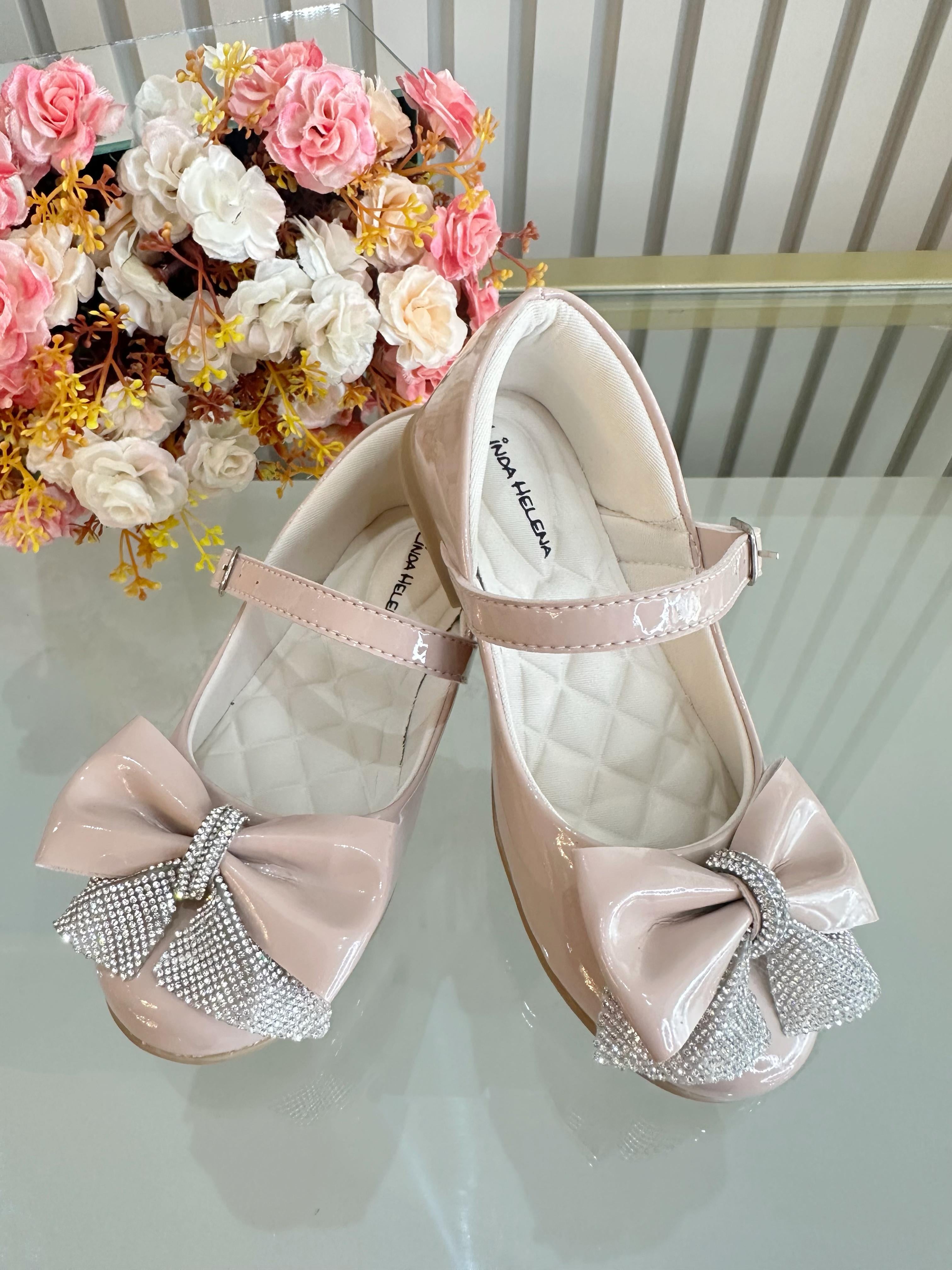 Sapatinho Infantil Nude Verniz Aplique de Lacinho Com Strass