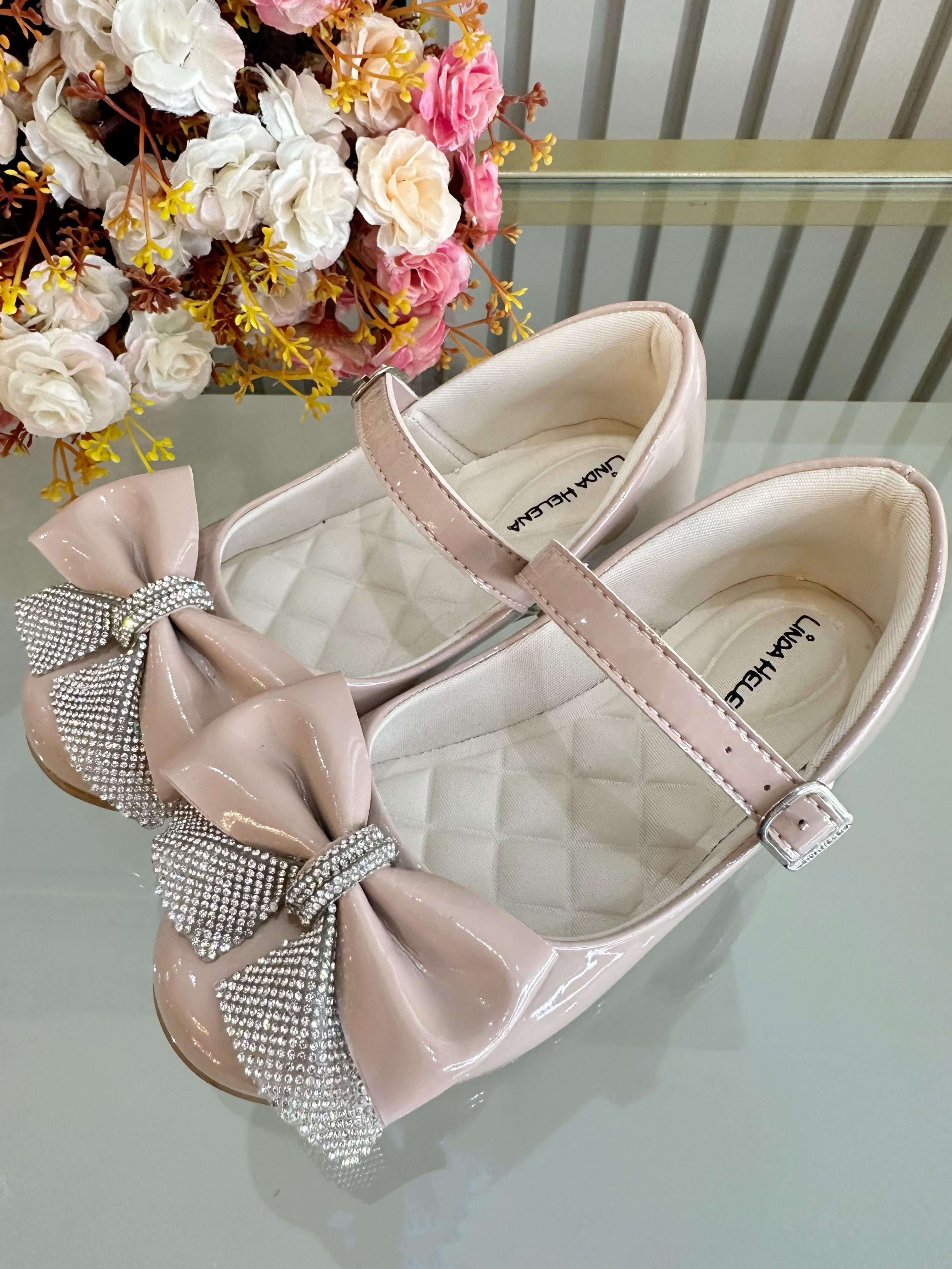 Sapatinho Infantil Nude Verniz Aplique de Lacinho Com Strass