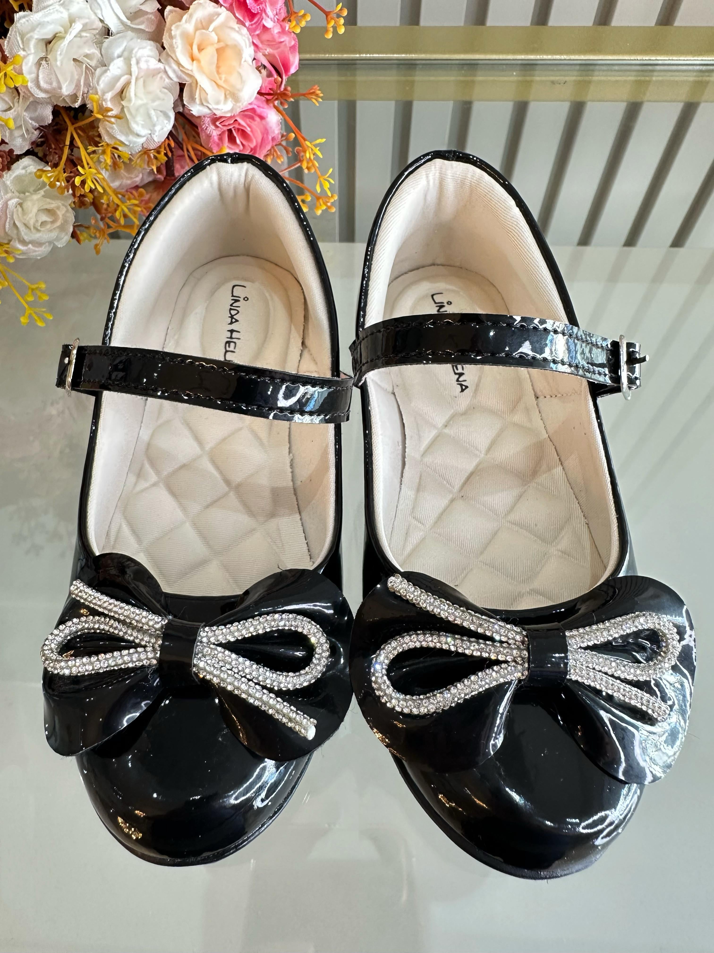 Sapatinho Infantil Preto Verniz Com Aplique de Lacinho e Strass