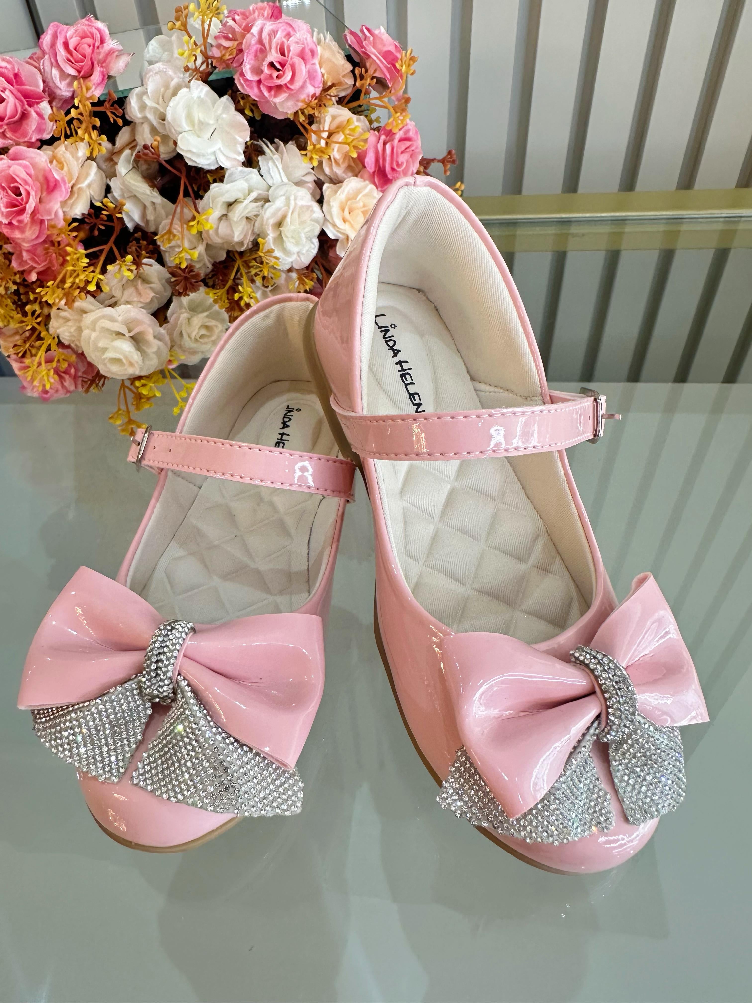 Sapatinho Infantil Rosa Verniz Aplique de Lacinho Com Strass