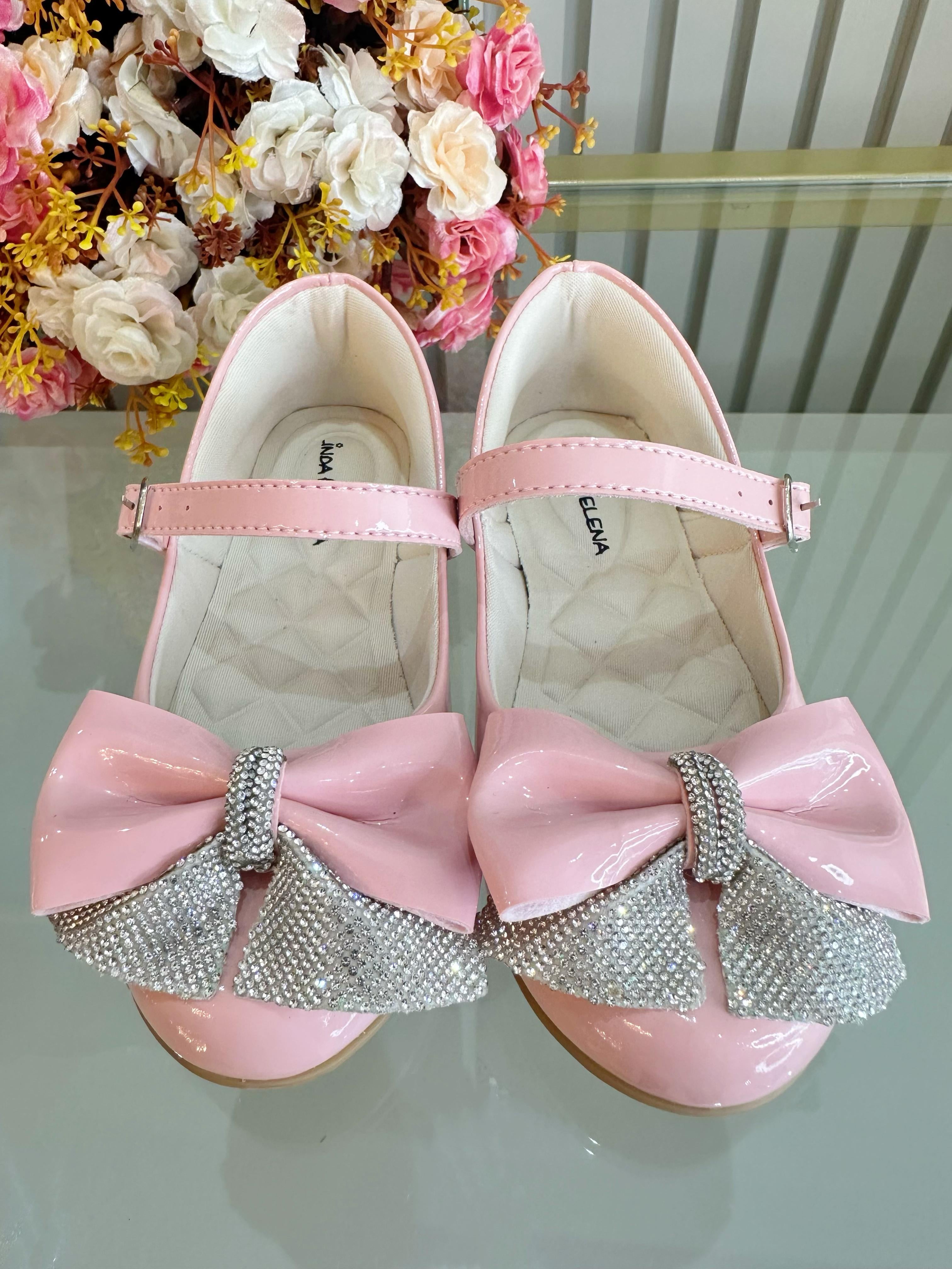 Sapatinho Infantil Rosa Verniz Aplique de Lacinho Com Strass