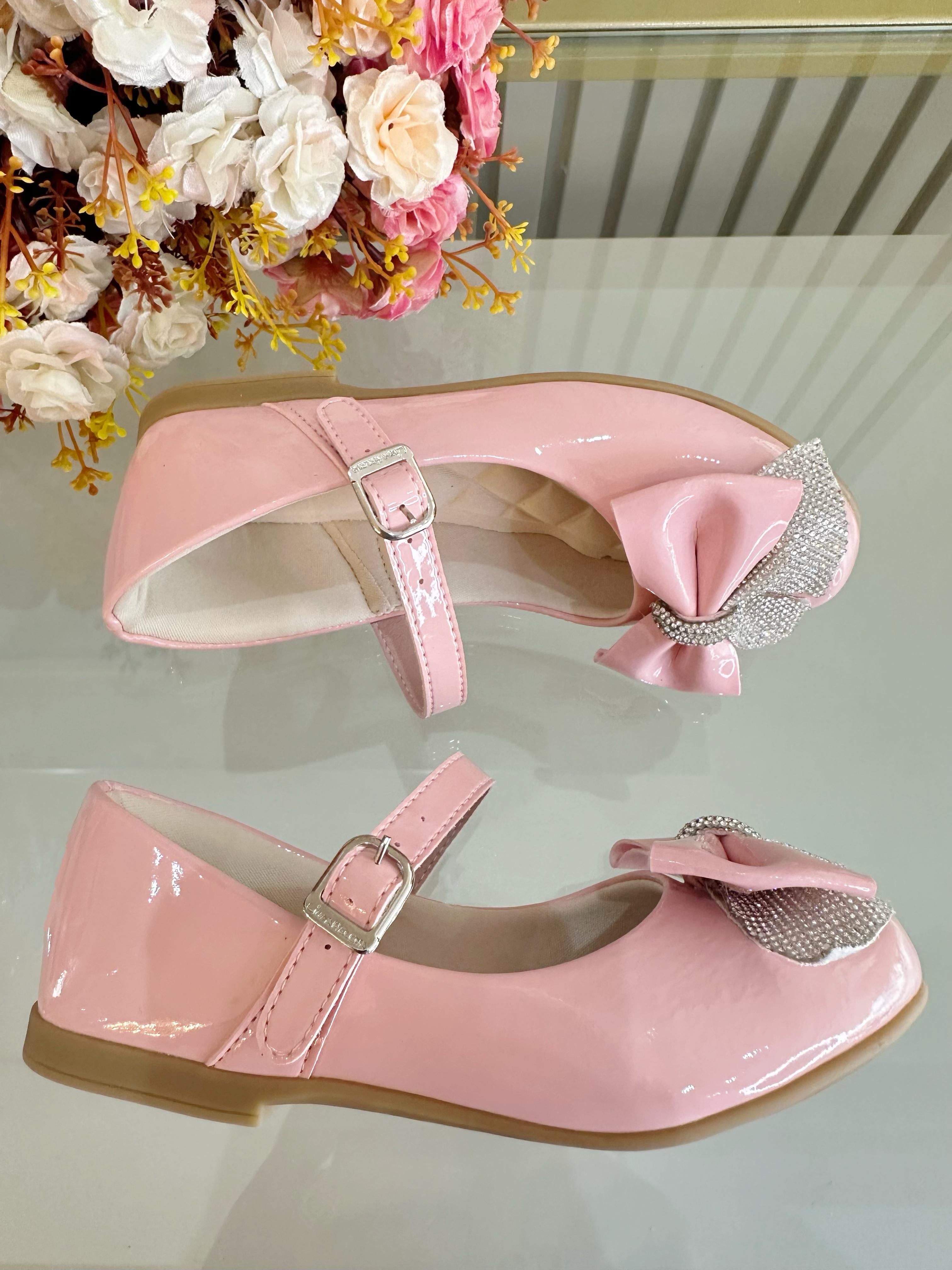 Sapatinho Infantil Rosa Verniz Aplique de Lacinho Com Strass