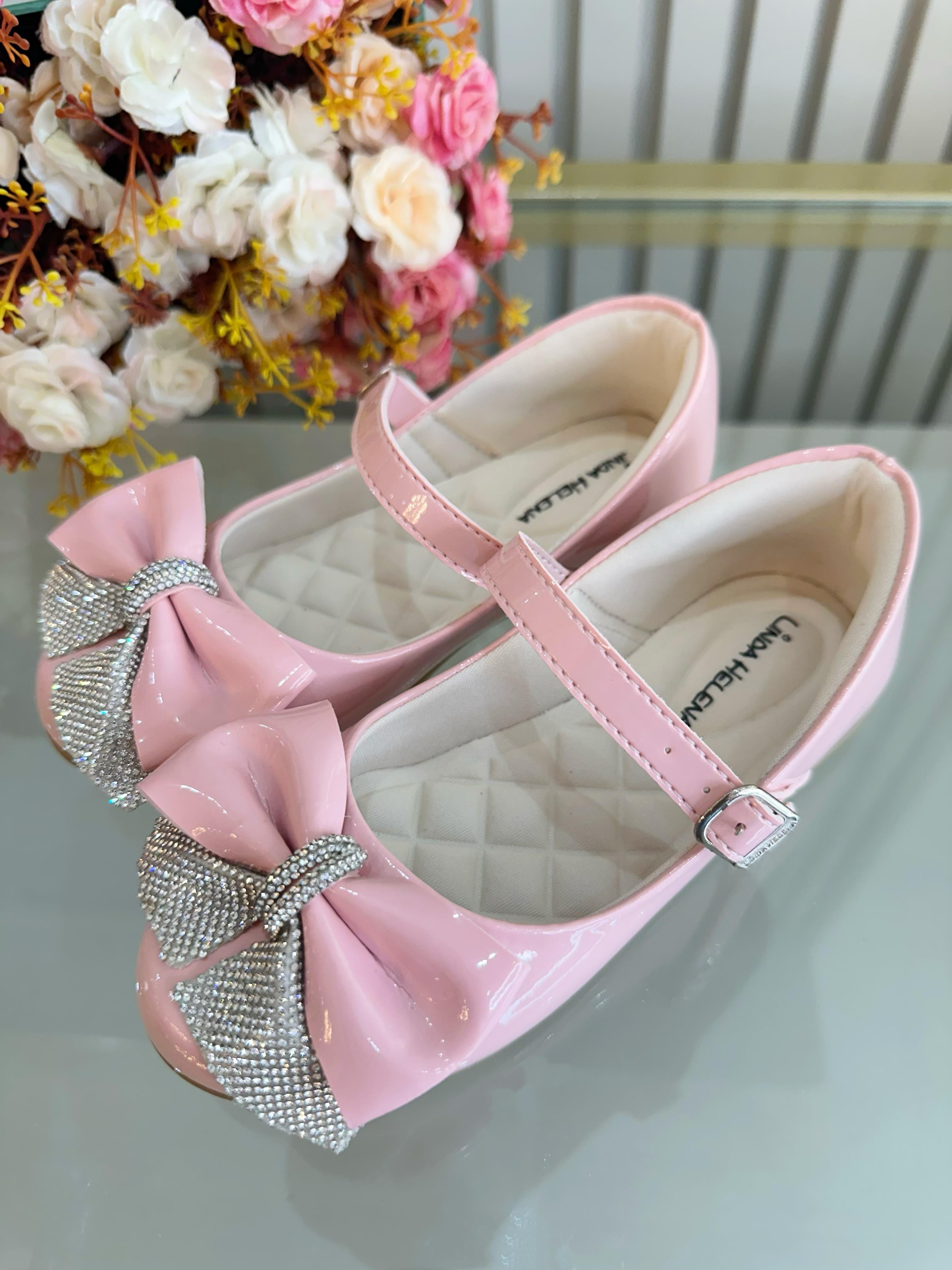 Sapatinho Infantil Rosa Verniz Aplique de Lacinho Com Strass