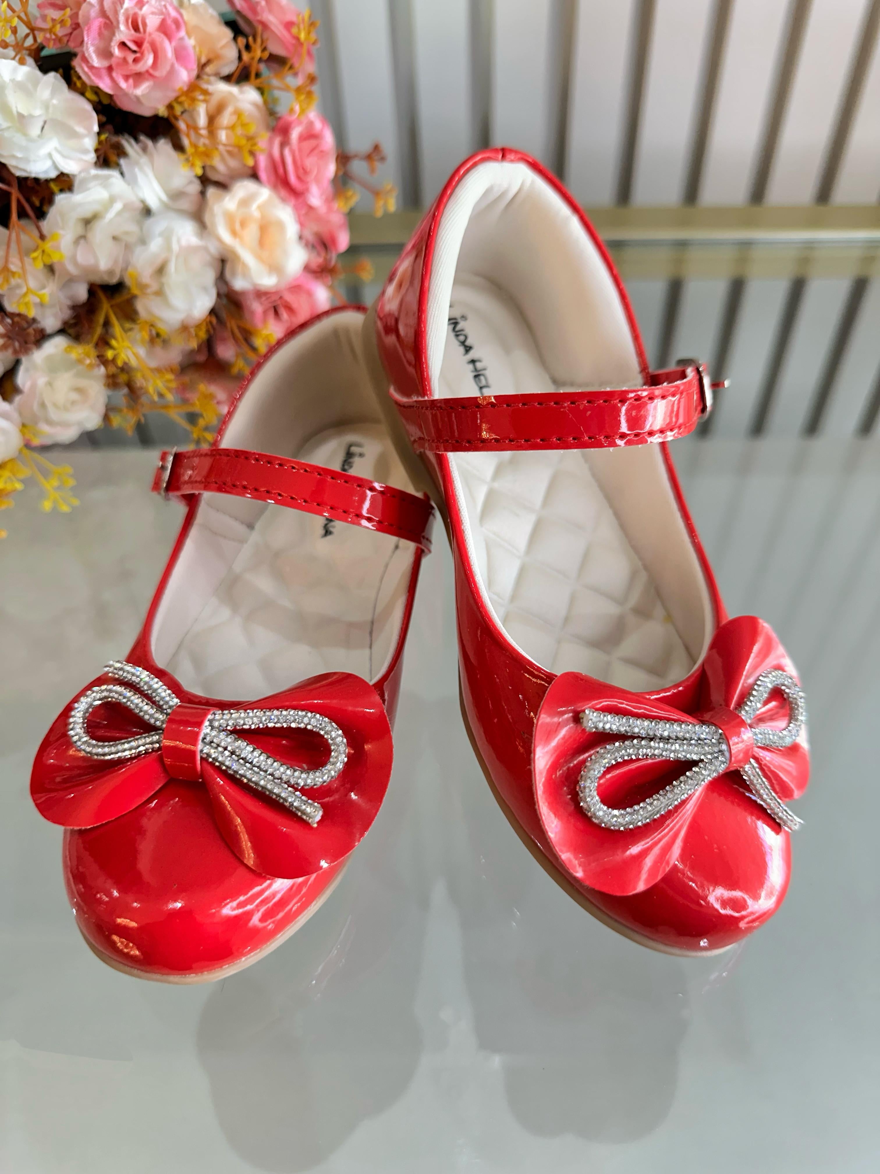 Sapatinho Infantil Vermelho Verniz Com Aplique de Lacinho e Strass