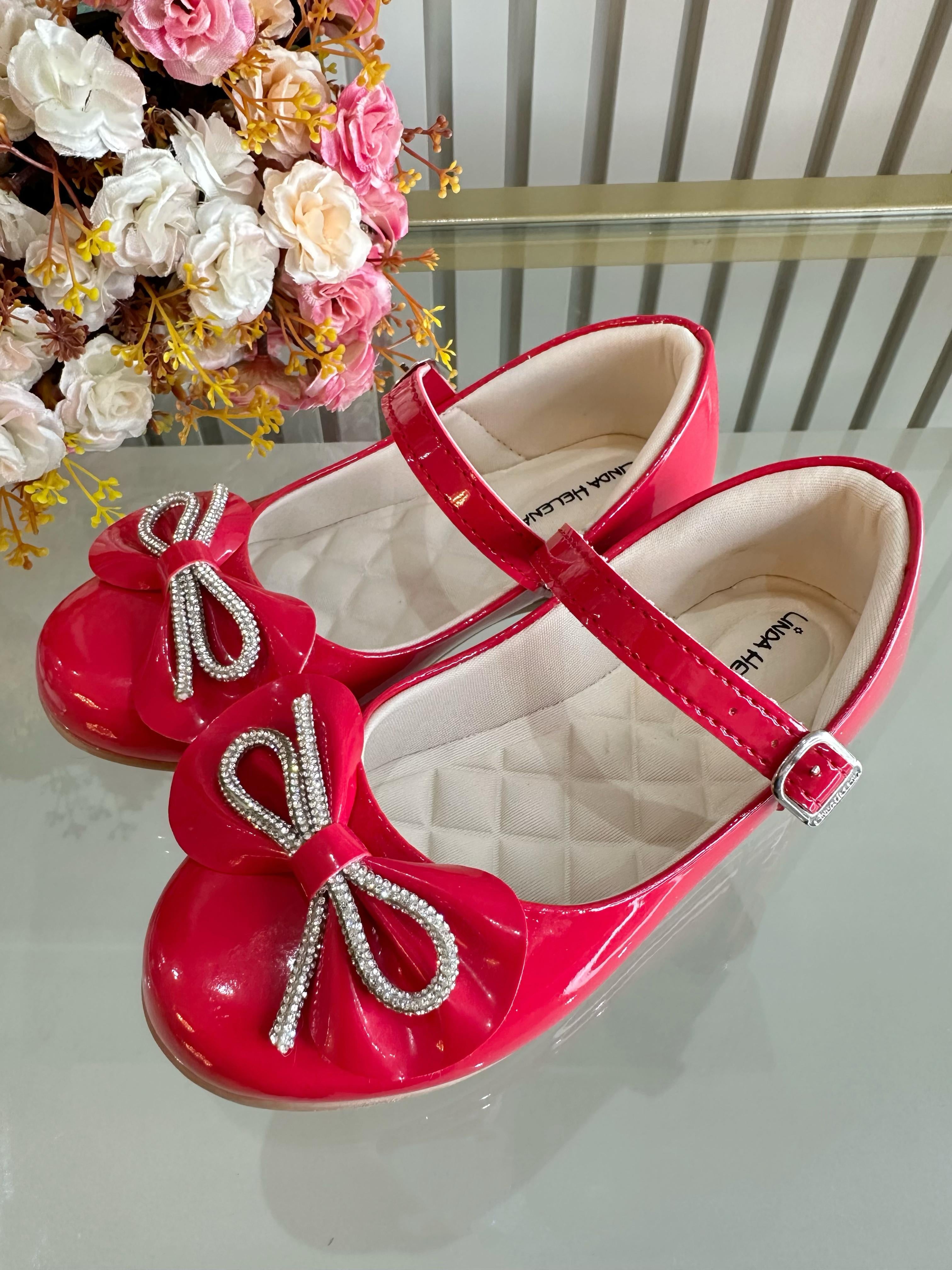 Sapatinho Infantil Vermelho Verniz Com Aplique de Lacinho e Strass
