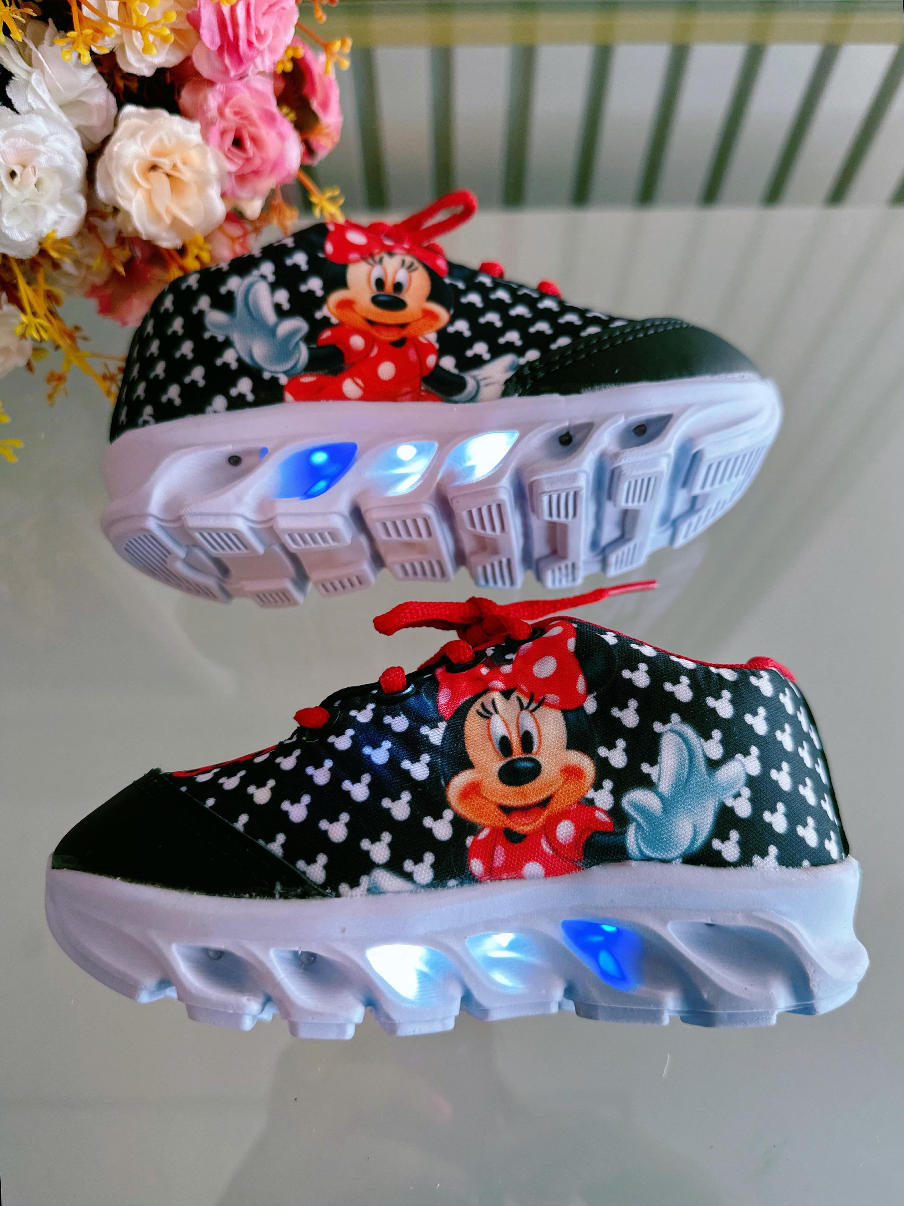 Tênis Meninas Temático Minnie Preto Com Leds
