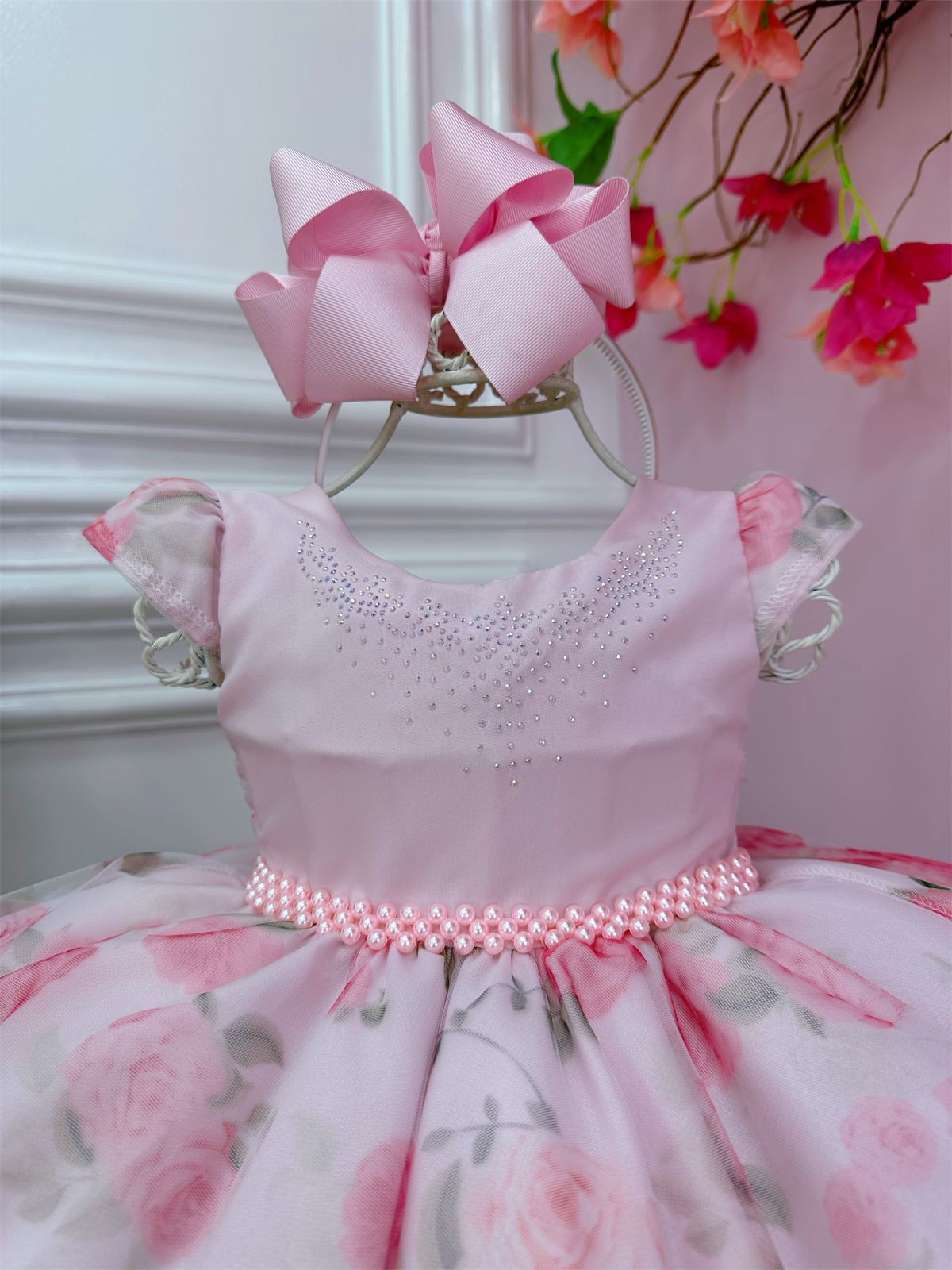 Vestido Infantil Bebê Rosa Florido de Rosas Busto Strass