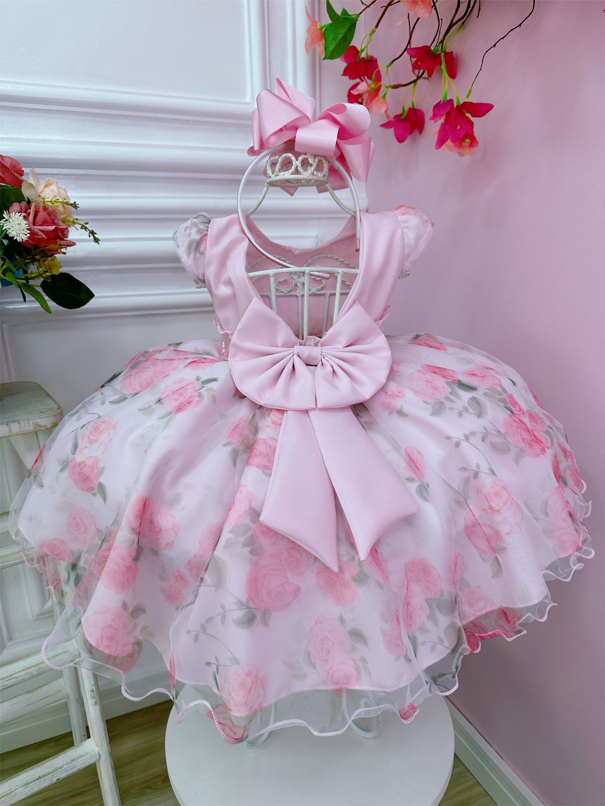 Vestido Infantil Bebê Rosa Florido de Rosas Busto Strass