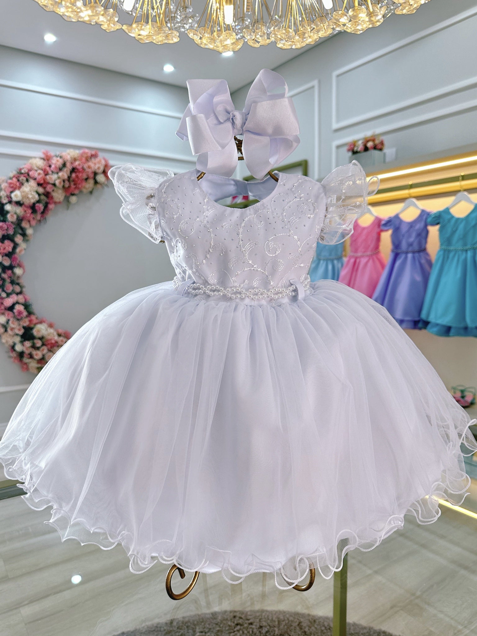 Vestido Bebê Branco Busco Com Renda Batizados Festas