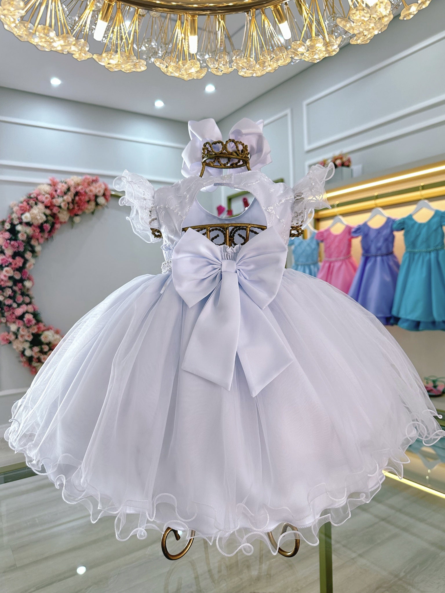 Vestido Bebê Branco Busco Com Renda Batizados Festas