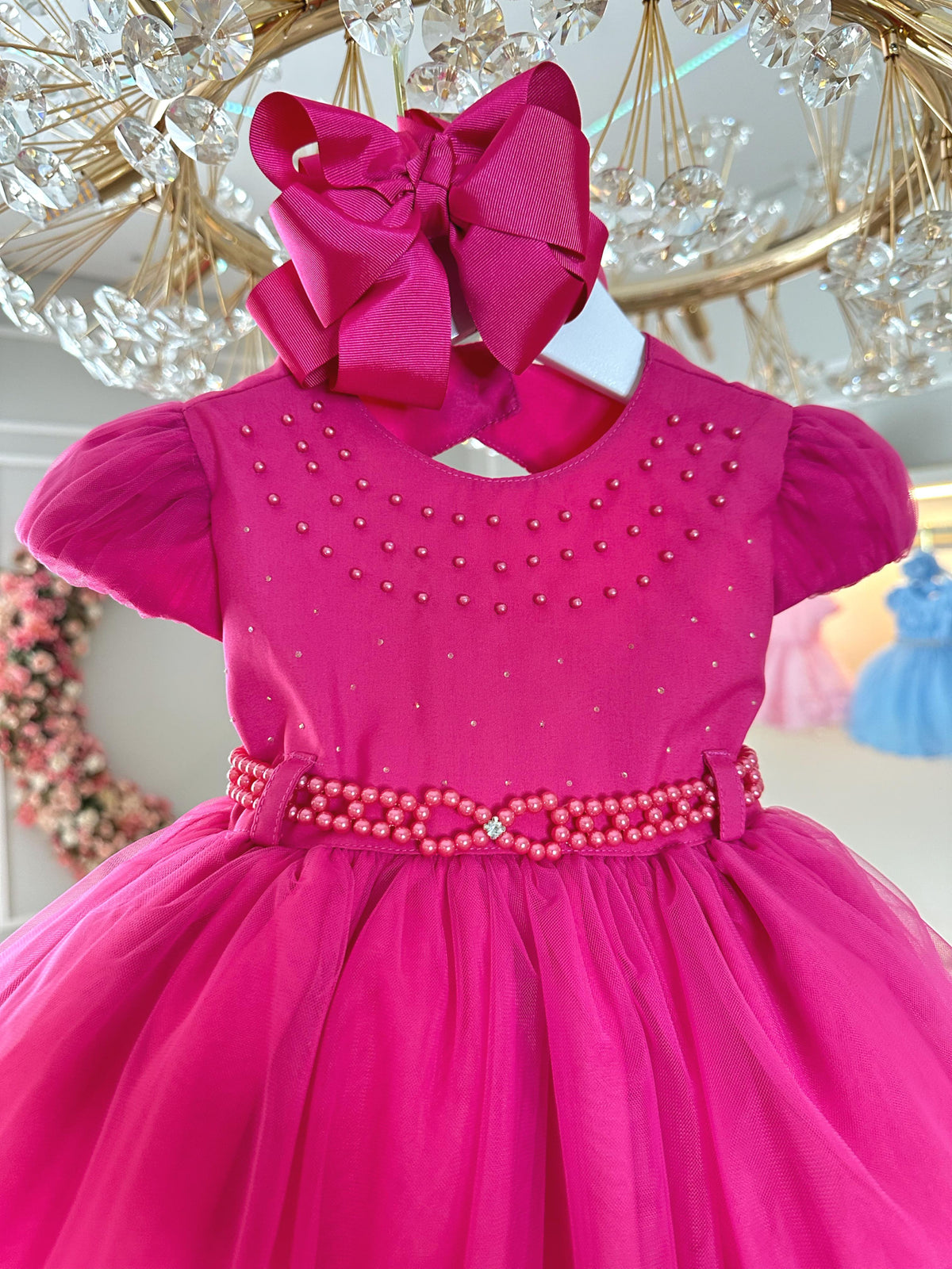 Vestido Infantil Pink Busto Com Pérolas Batizados