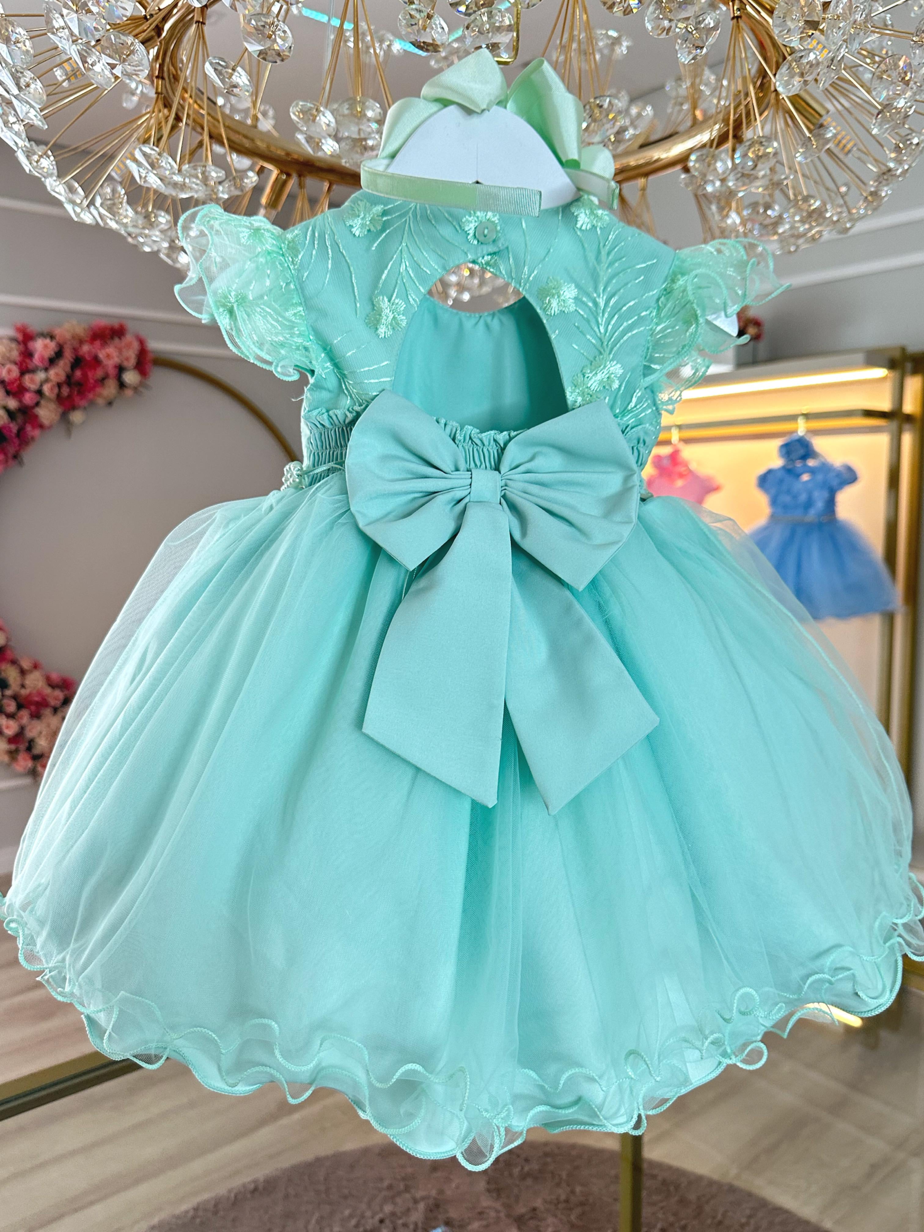 Vestido Infantil Verde Busto Com Renda e Strass Batizados
