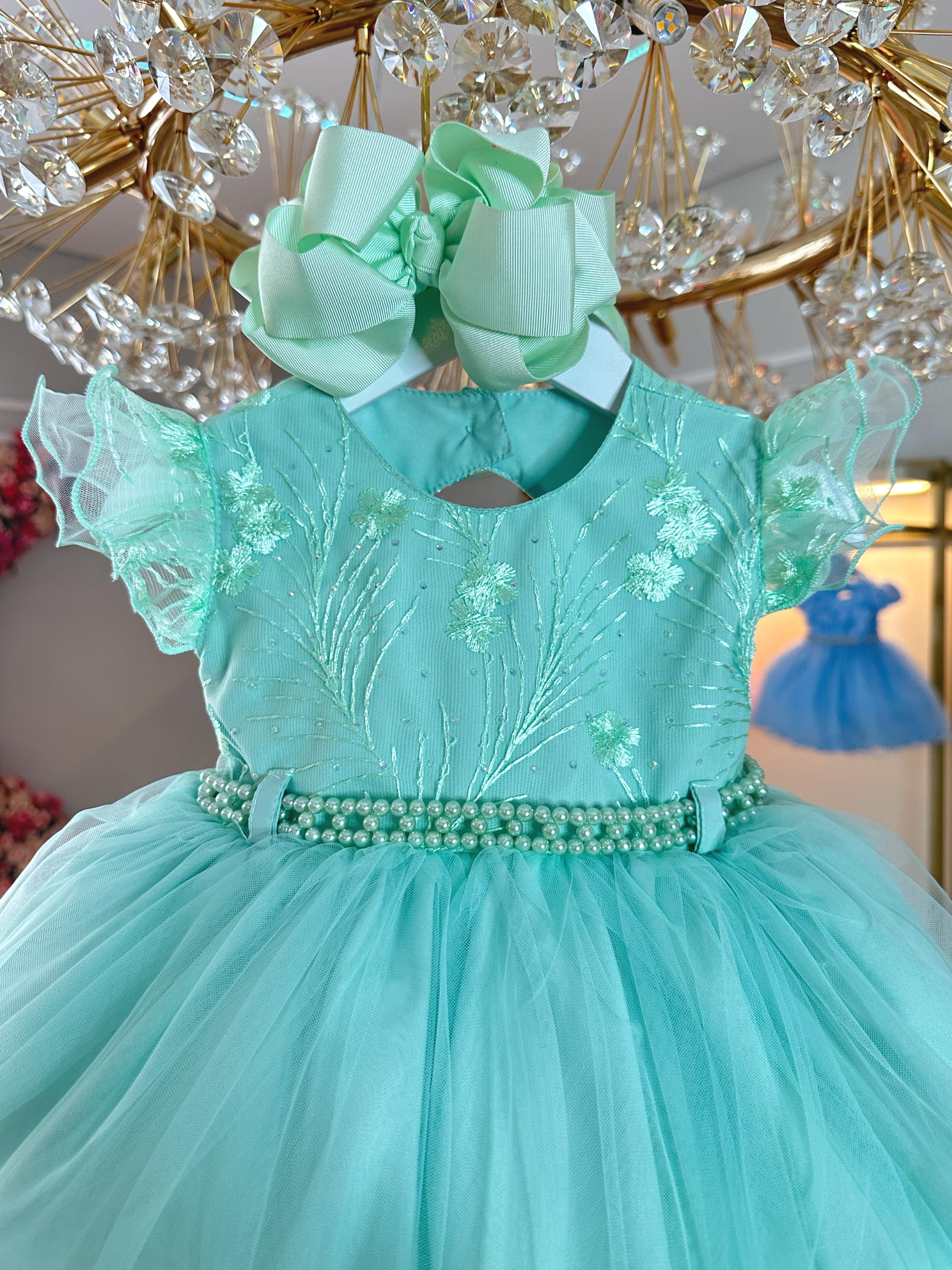 Vestido Infantil Verde Busto Com Renda e Strass Batizados