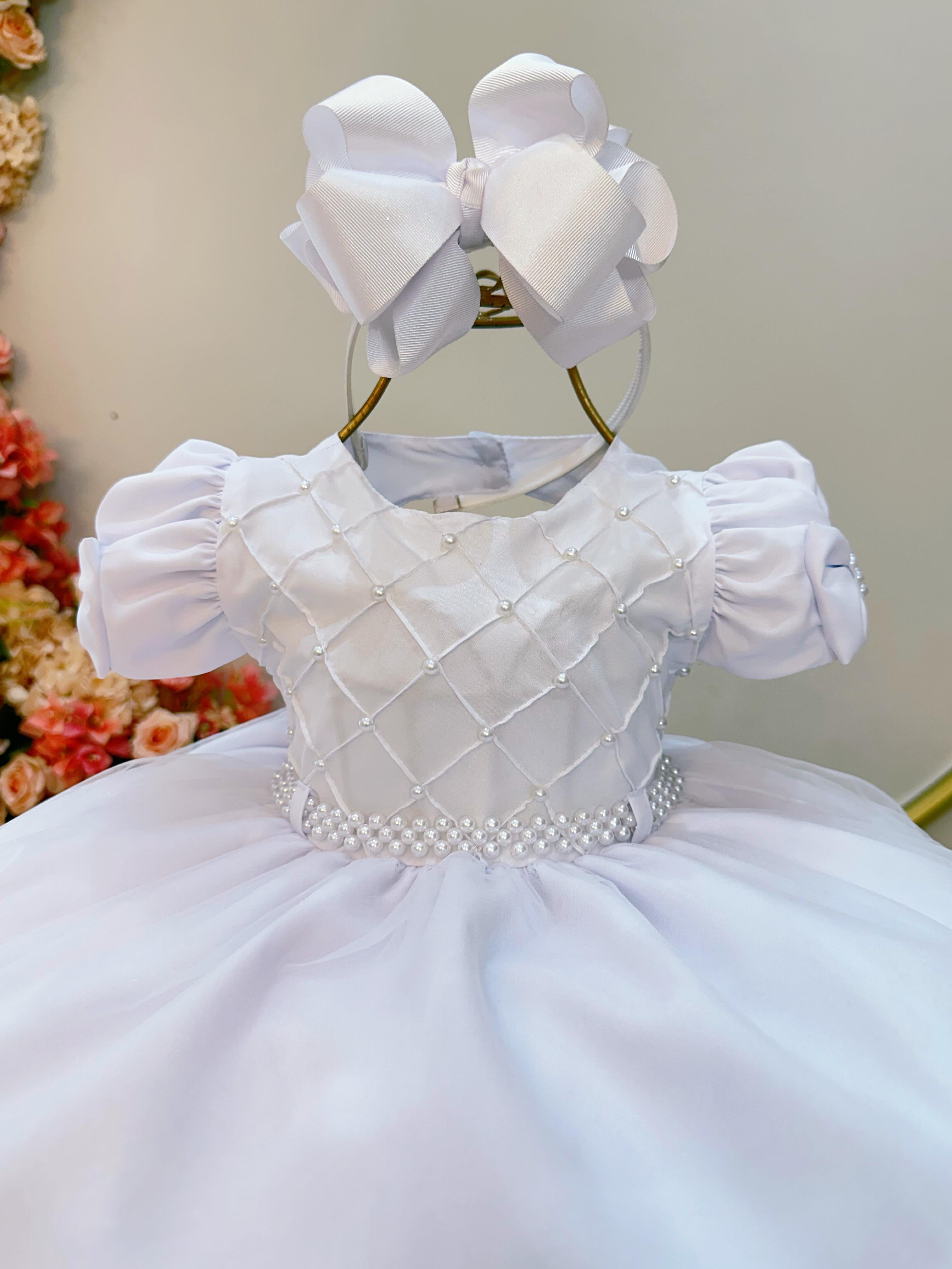 Vestido Infantil Bebê Branco C/ Busto Nervura Batizados