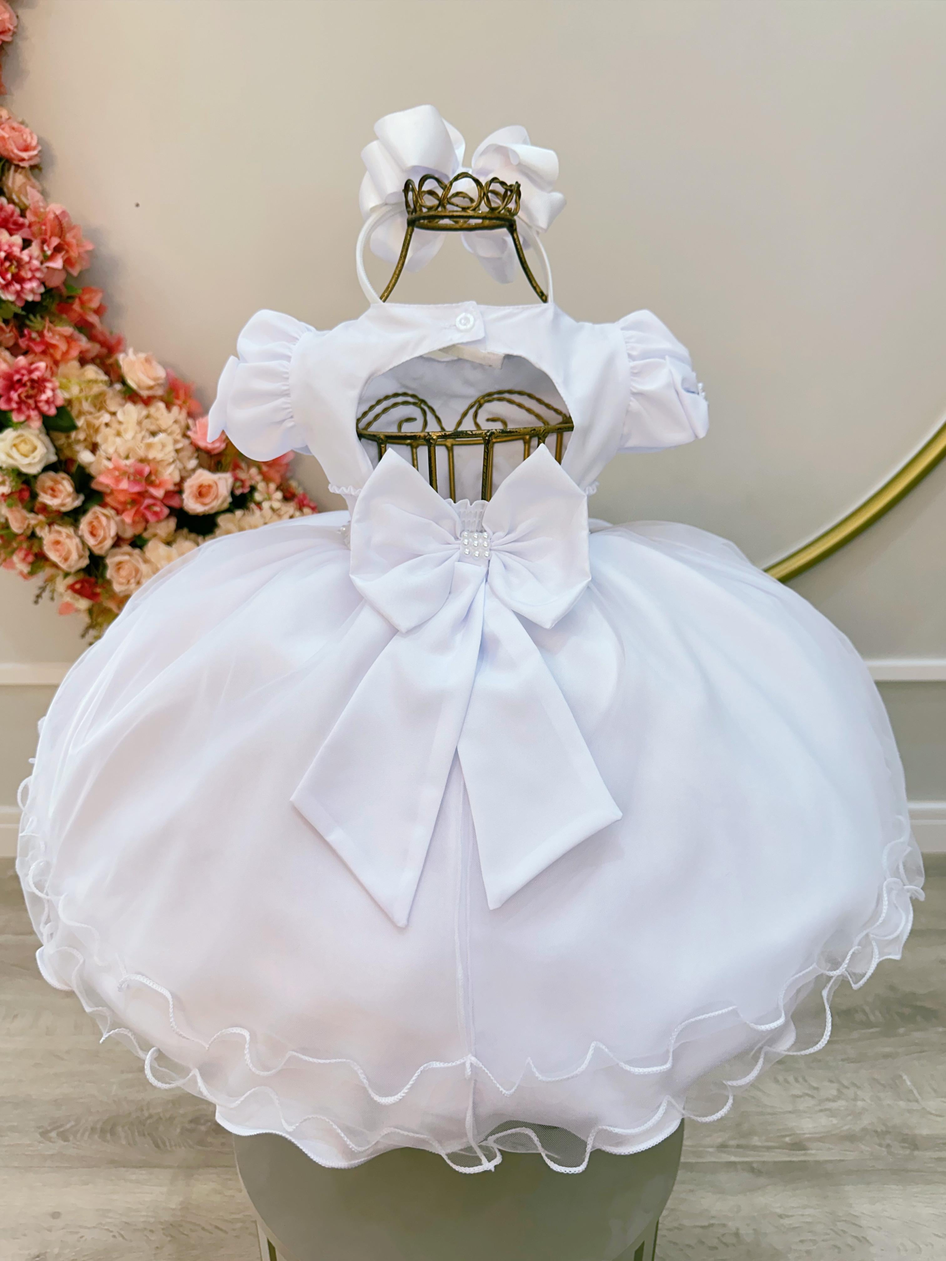 Vestido Infantil Bebê Branco C/ Busto Nervura Batizados