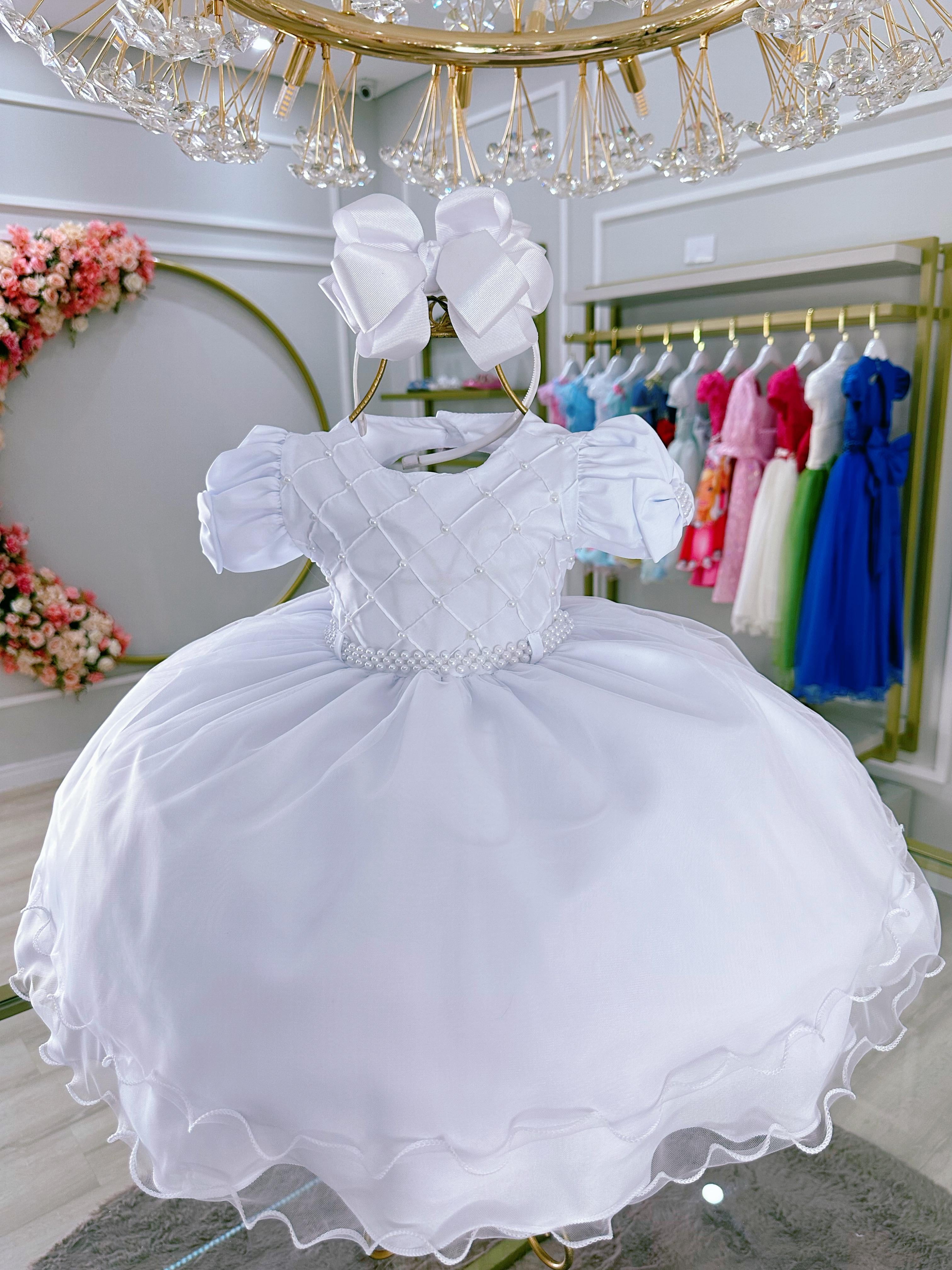 Vestido Infantil Bebê Branco C/ Busto Nervura Batizados