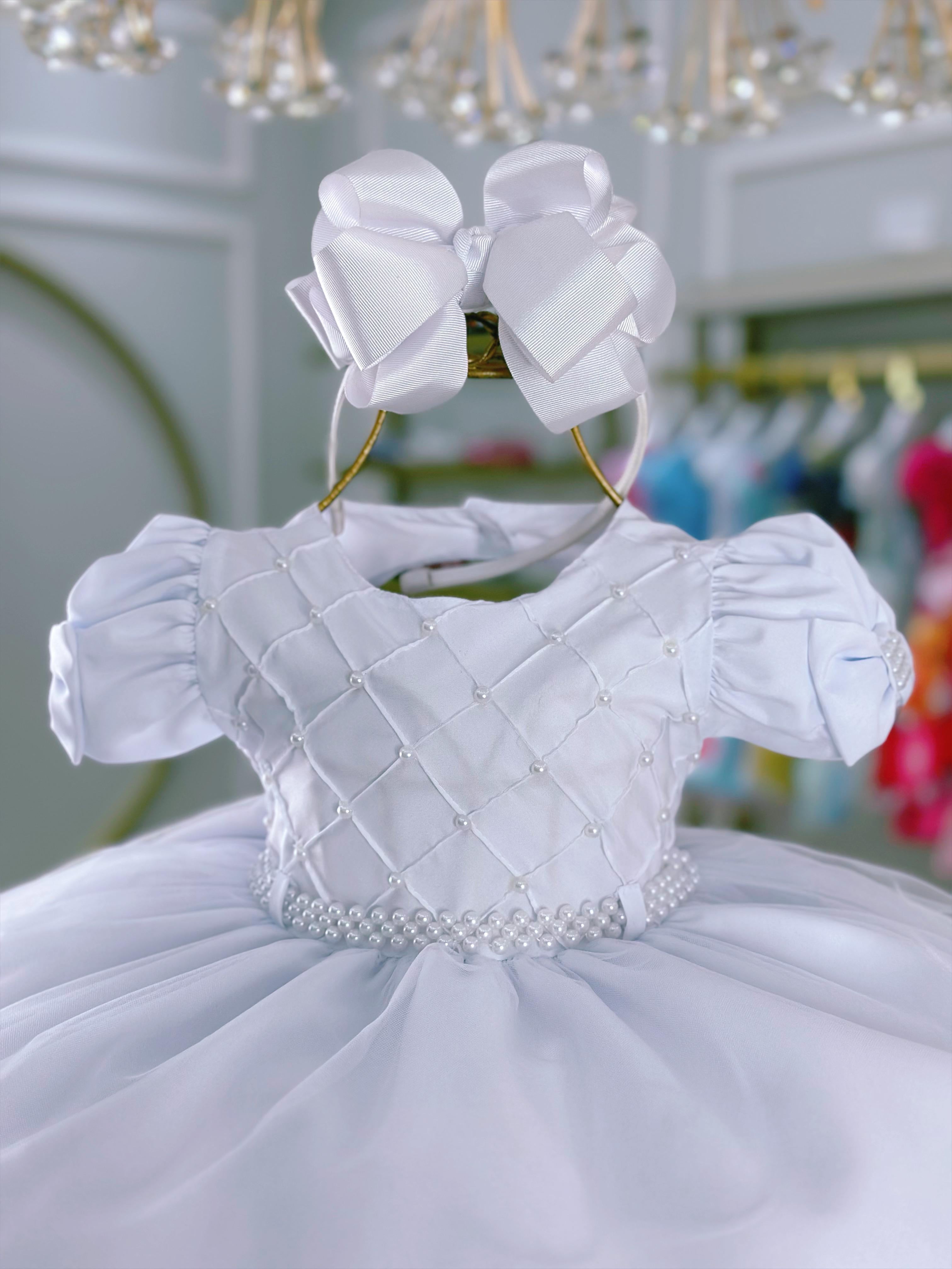 Vestido Infantil Bebê Branco C/ Busto Nervura Batizados