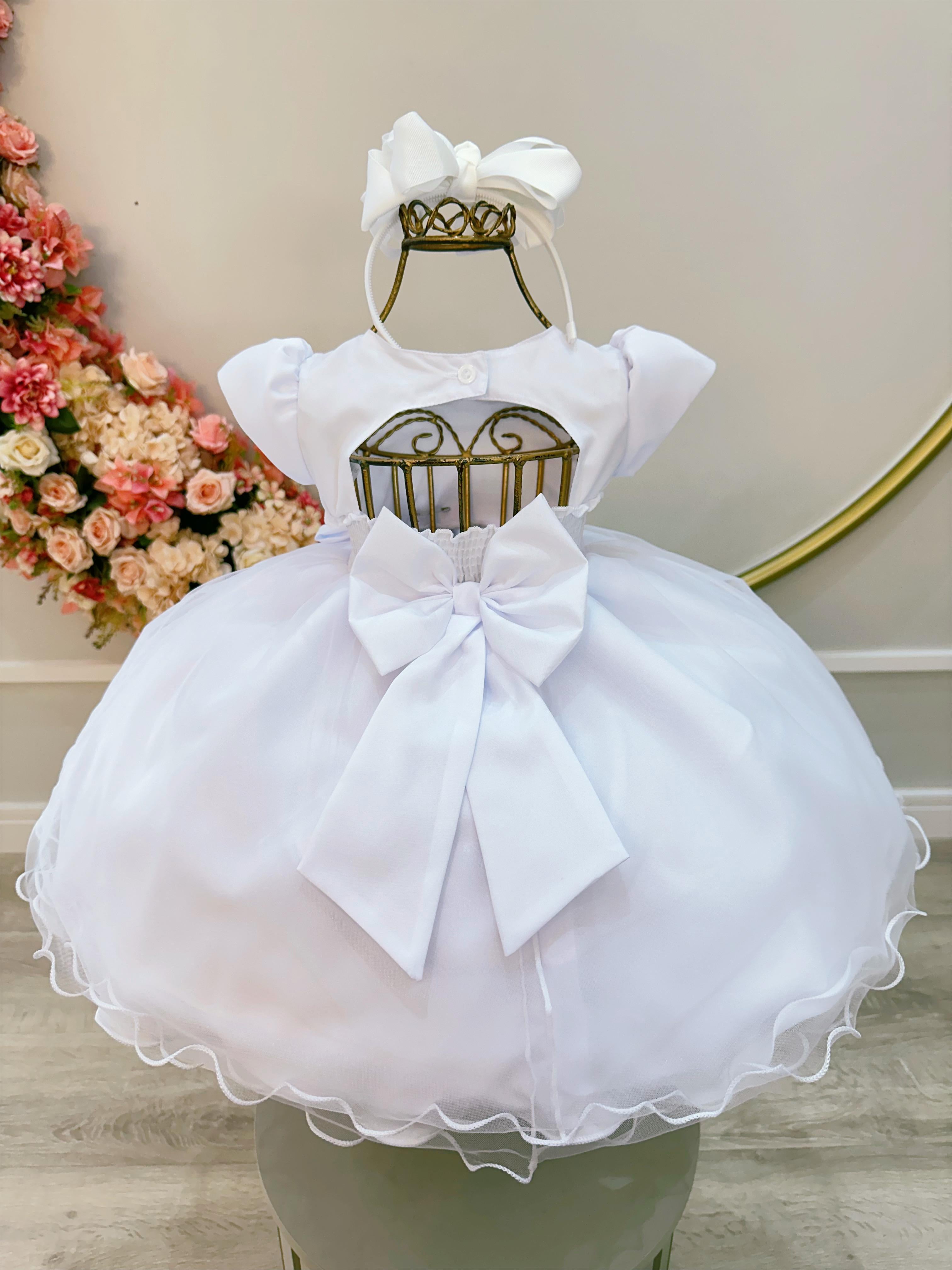 Vestido Infantil Bebê Branco Pérolas e Broche Laço Batizados