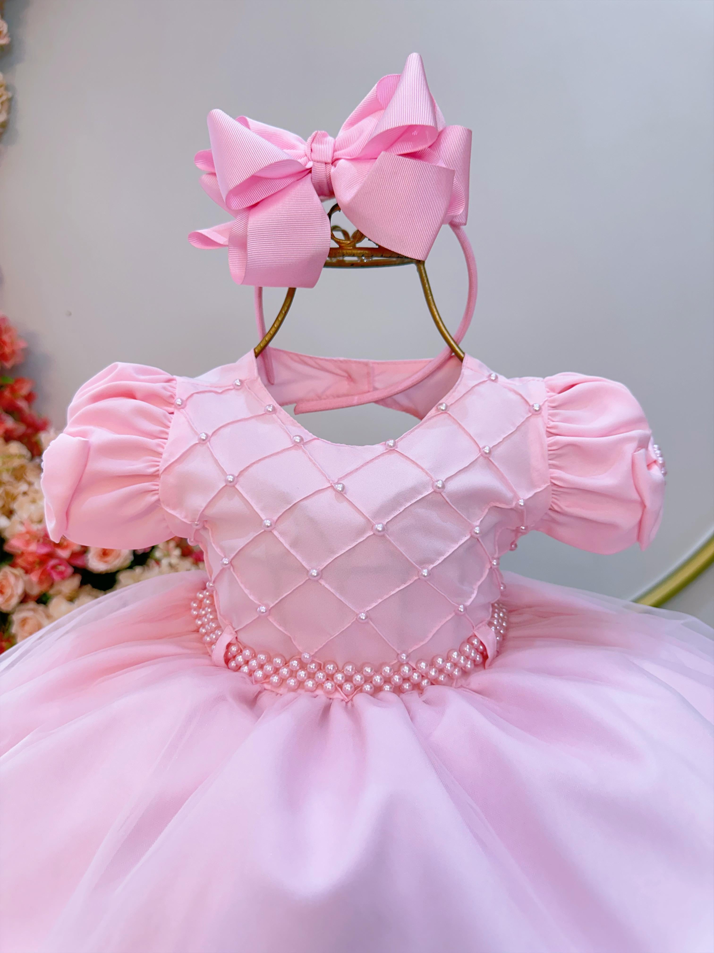 Vestido Infantil Bebê Rosa C/ Busto Nervura Batizados