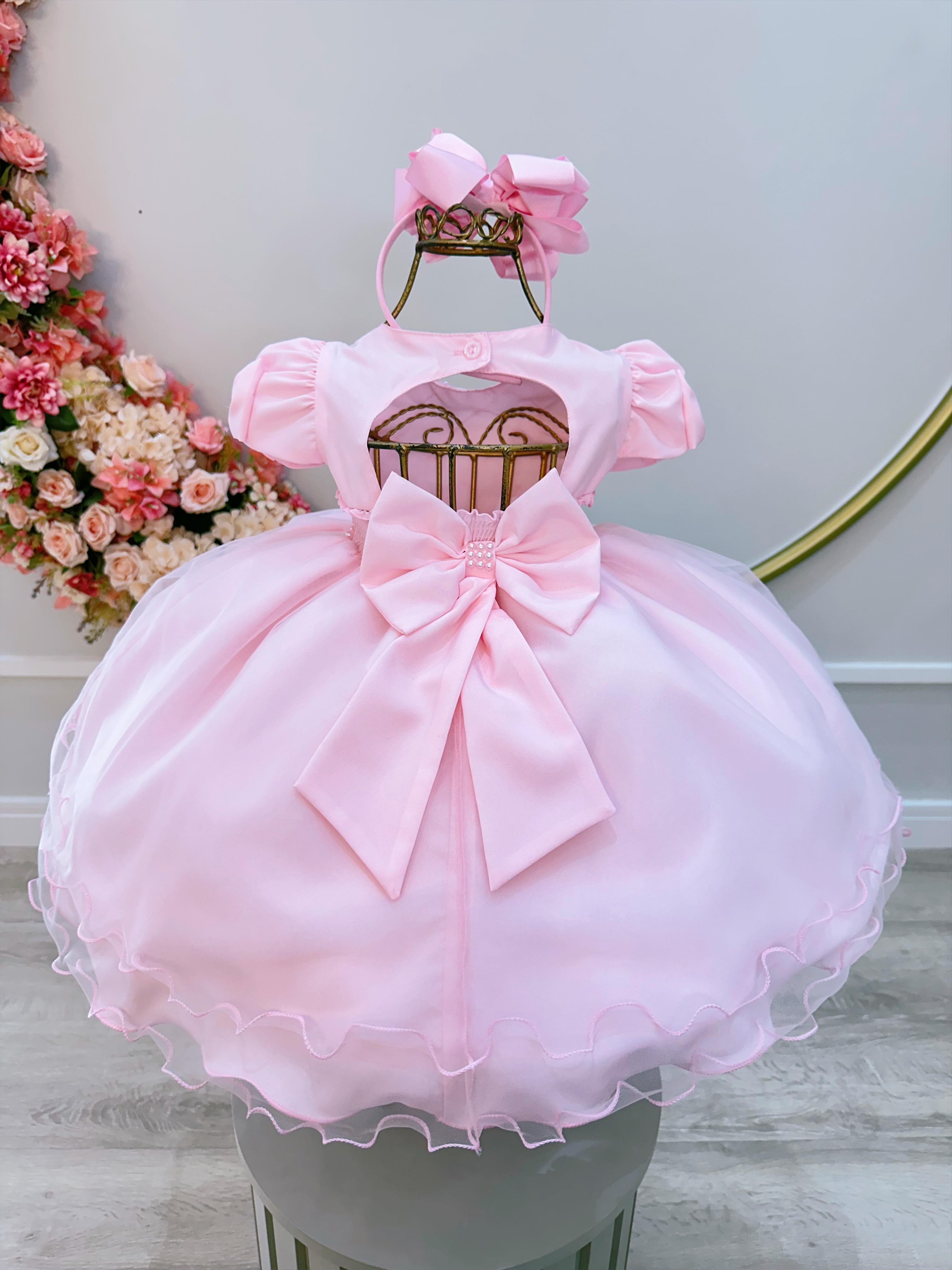 Vestido Infantil Bebê Rosa C/ Busto Nervura Batizados