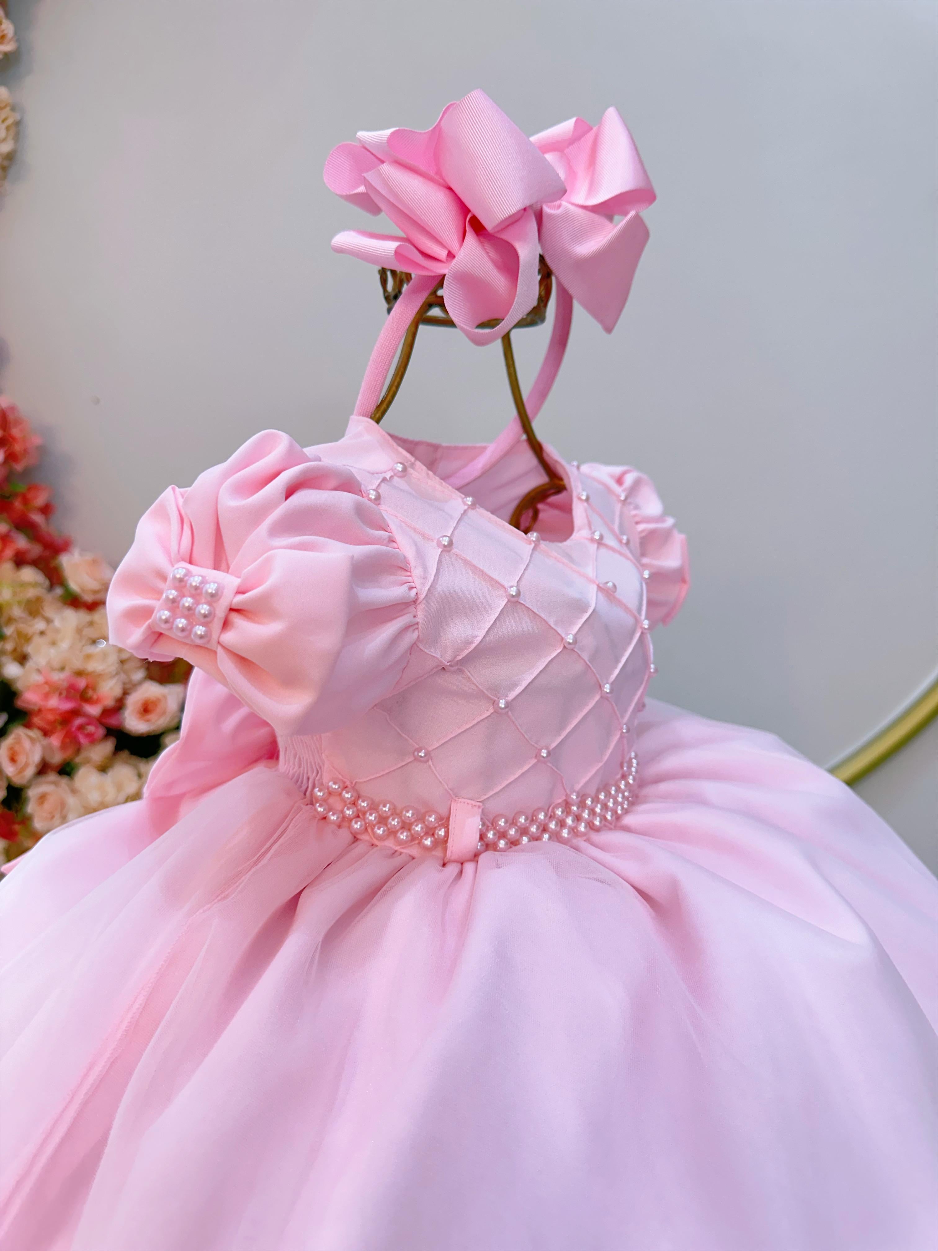 Vestido Infantil Bebê Rosa C/ Busto Nervura Batizados