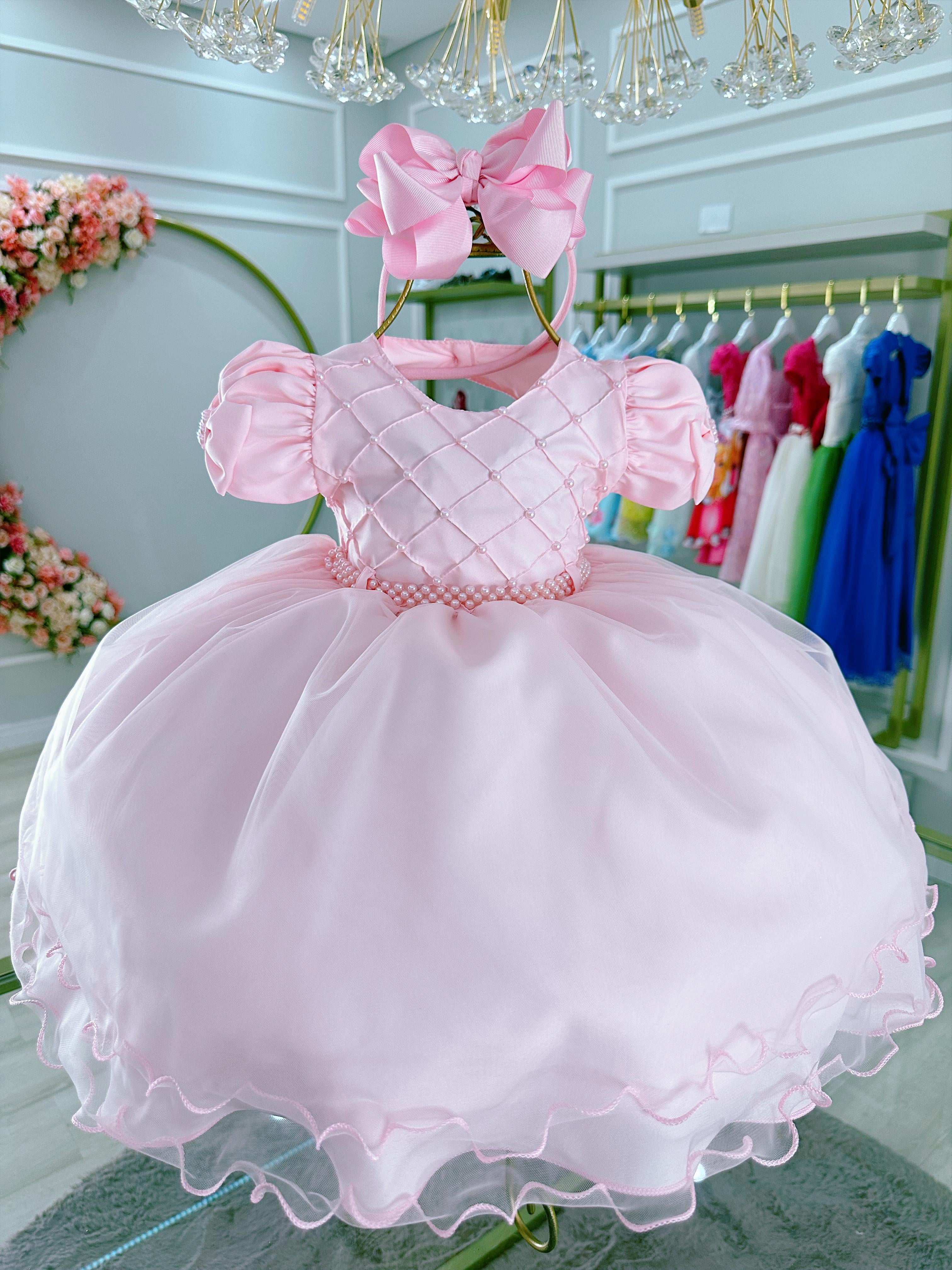 Vestido Infantil Bebê Rosa C/ Busto Nervura Batizados