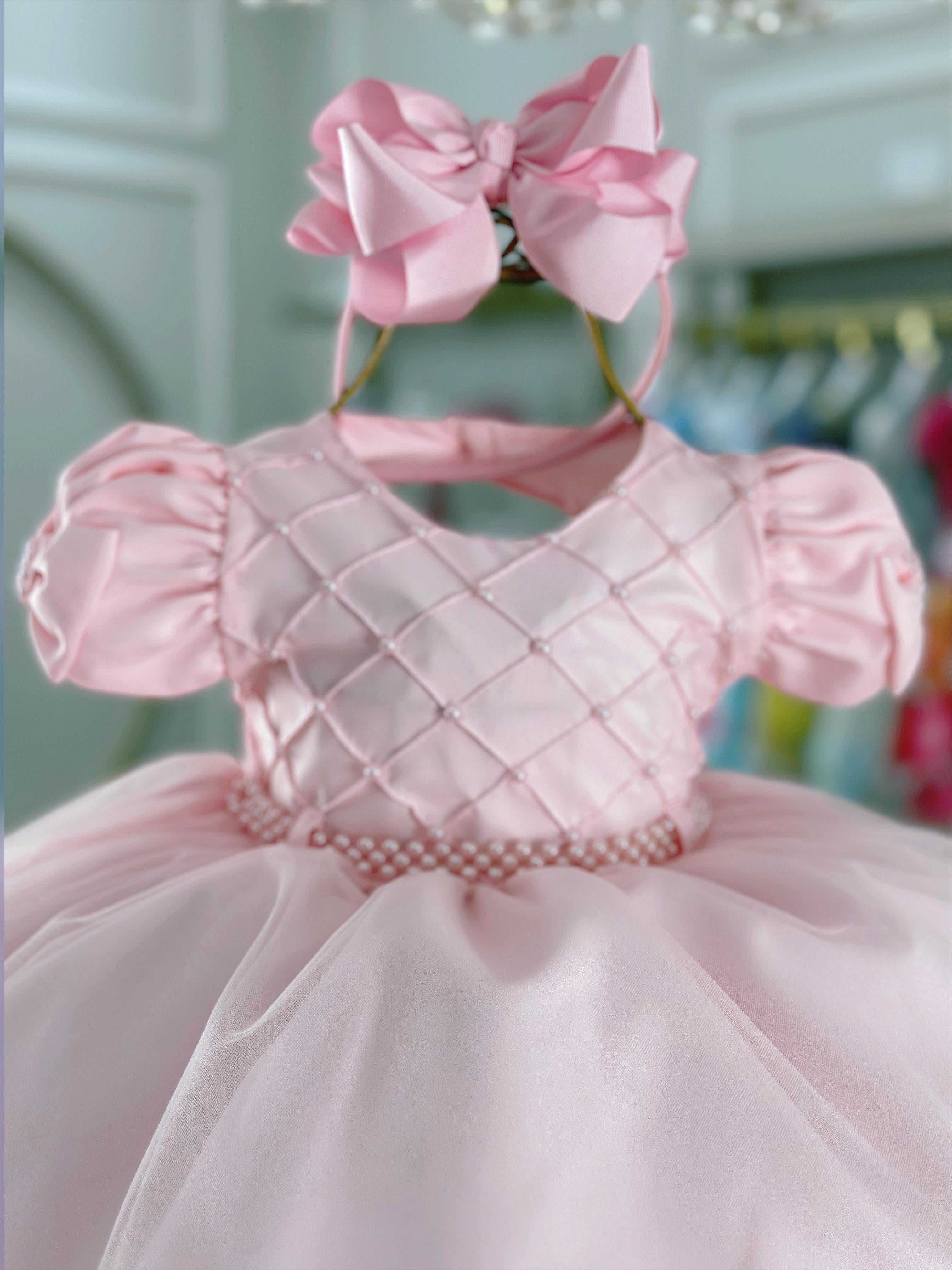 Vestido Infantil Bebê Rosa C/ Busto Nervura Batizados