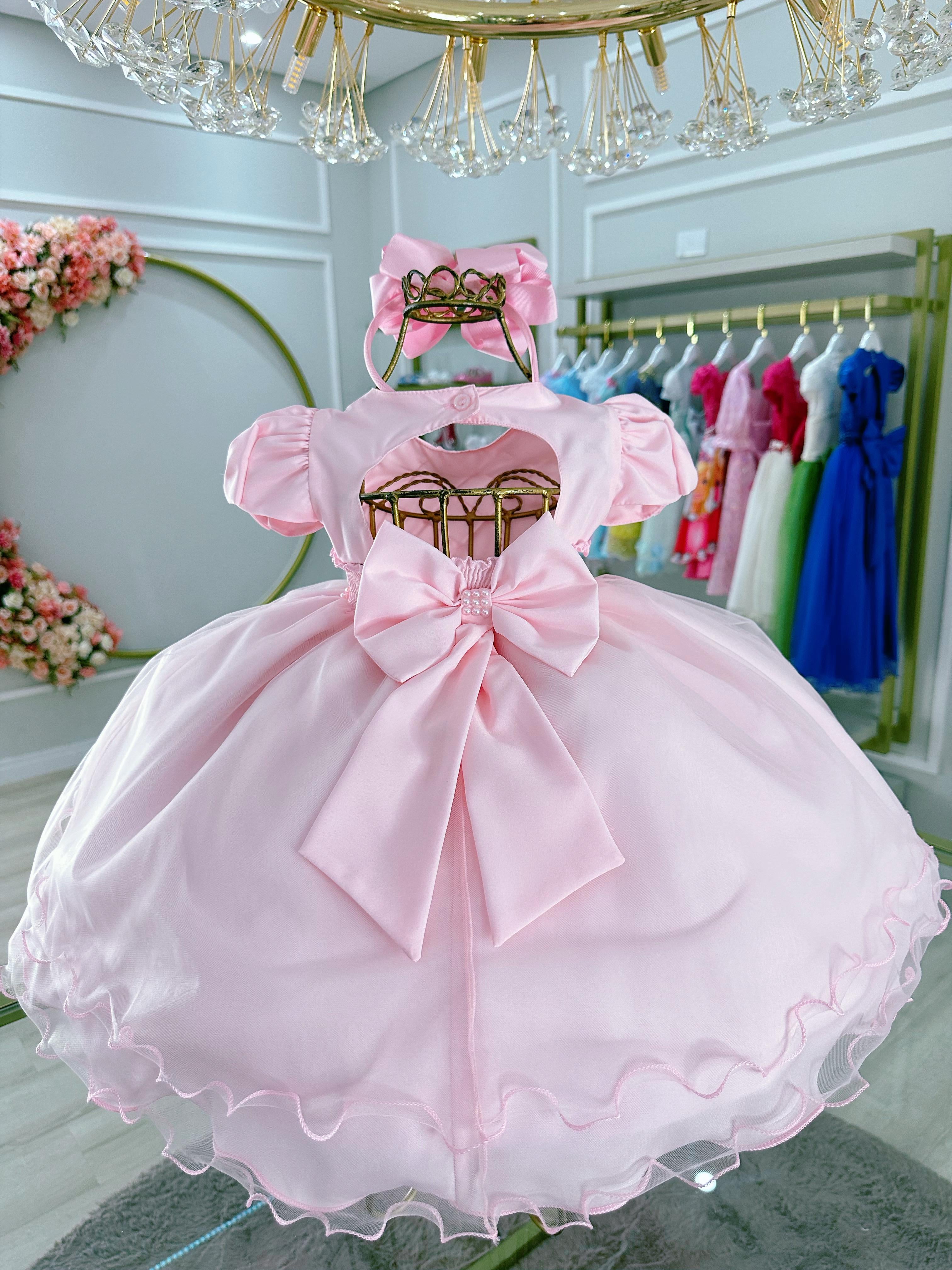 Vestido Infantil Bebê Rosa C/ Busto Nervura Batizados