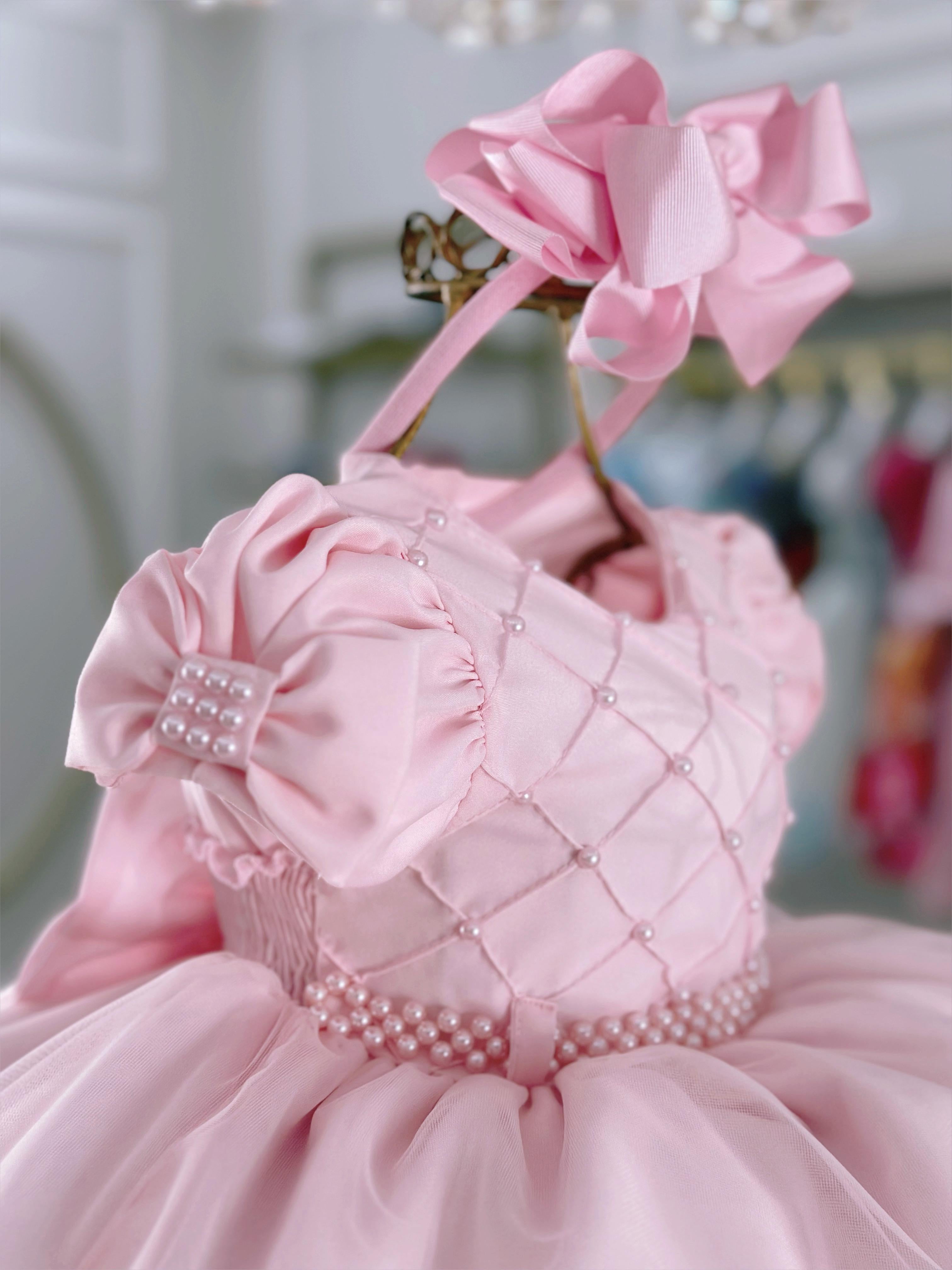 Vestido Infantil Bebê Rosa C/ Busto Nervura Batizados