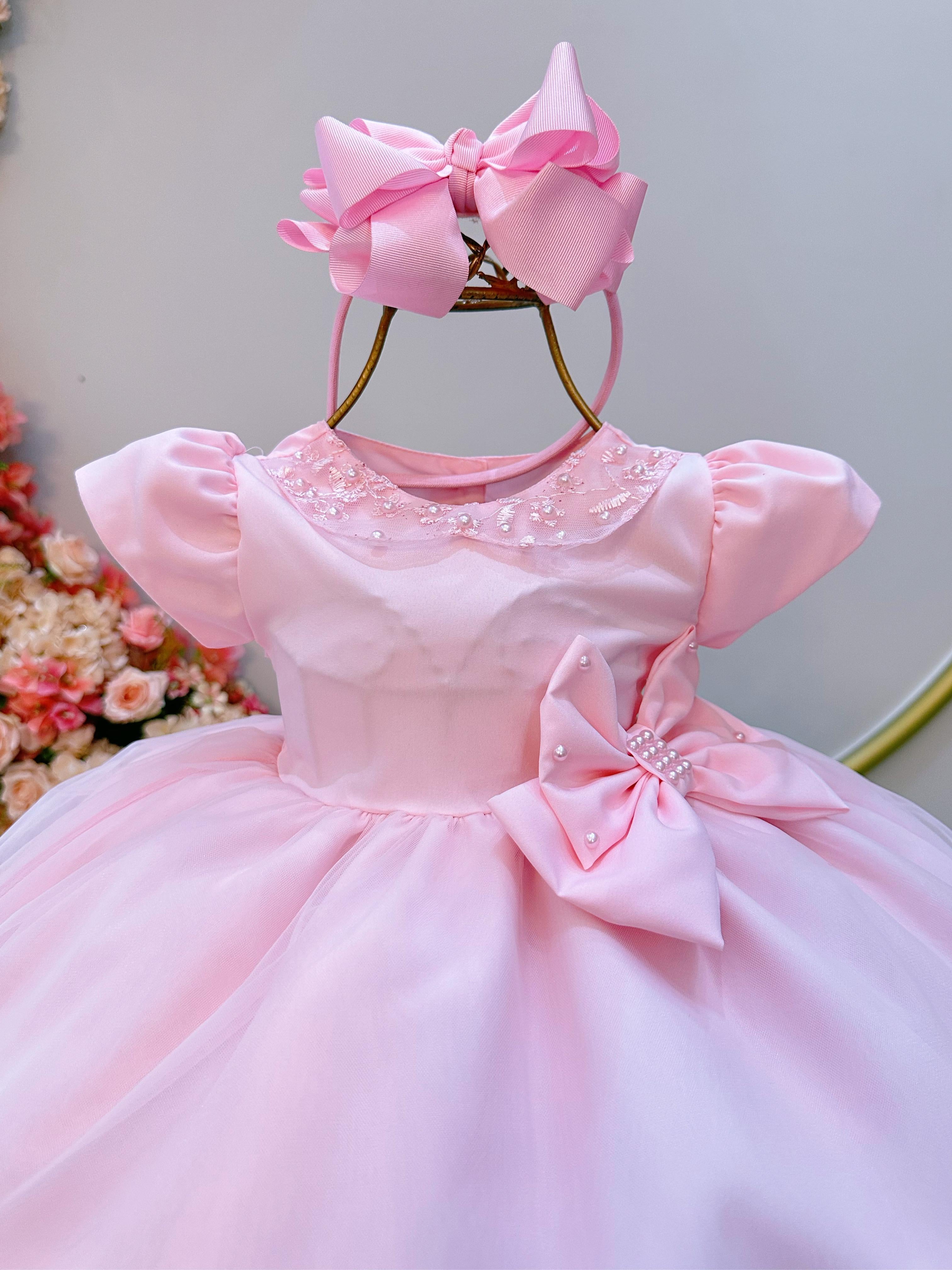 Vestido Infantil Bebê Rosa C/ Pérolas e Broche Laço Batizados