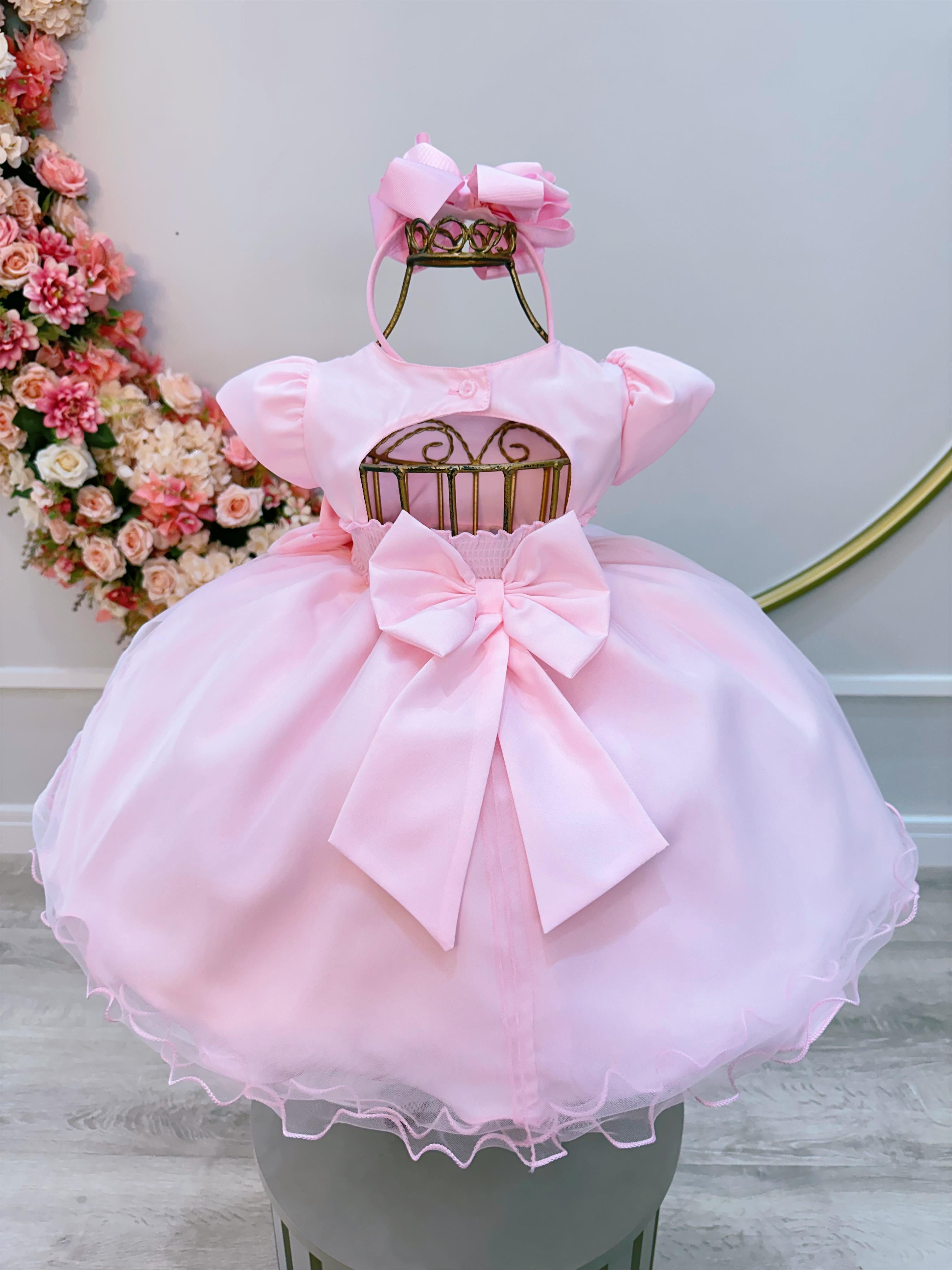 Vestido Infantil Bebê Rosa C/ Pérolas e Broche Laço Batizados