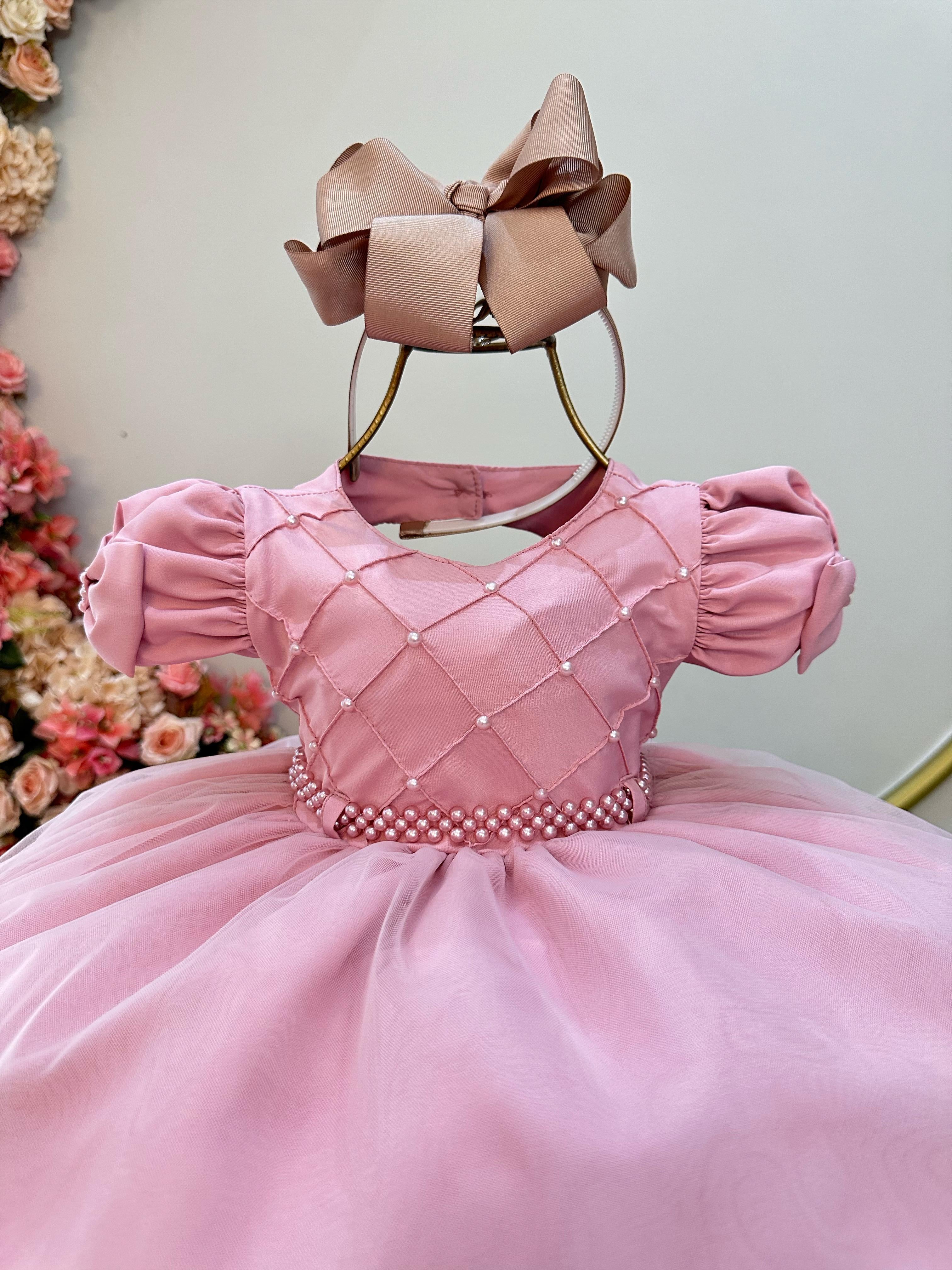 Vestido Infantil Bebê Rose C/ Busto Nervura Batizados