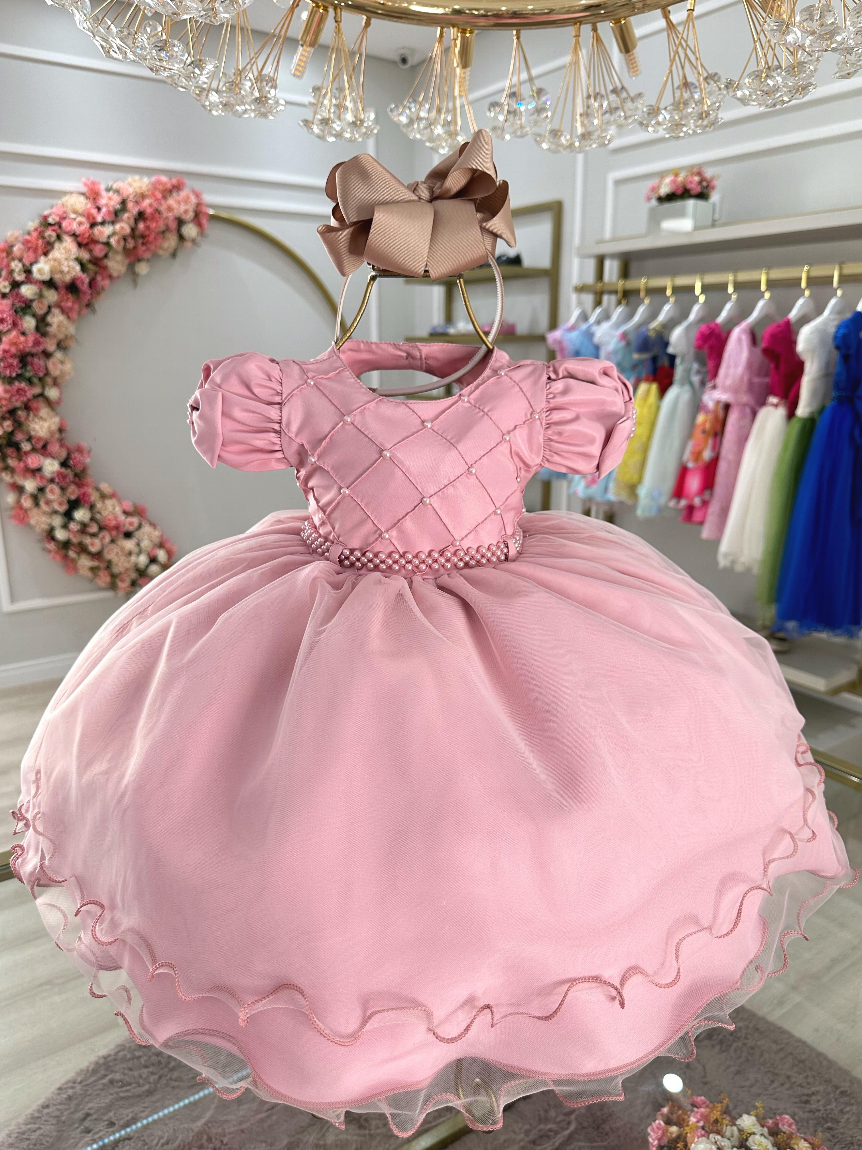 Vestido Infantil Bebê Rose C/ Busto Nervura Batizados