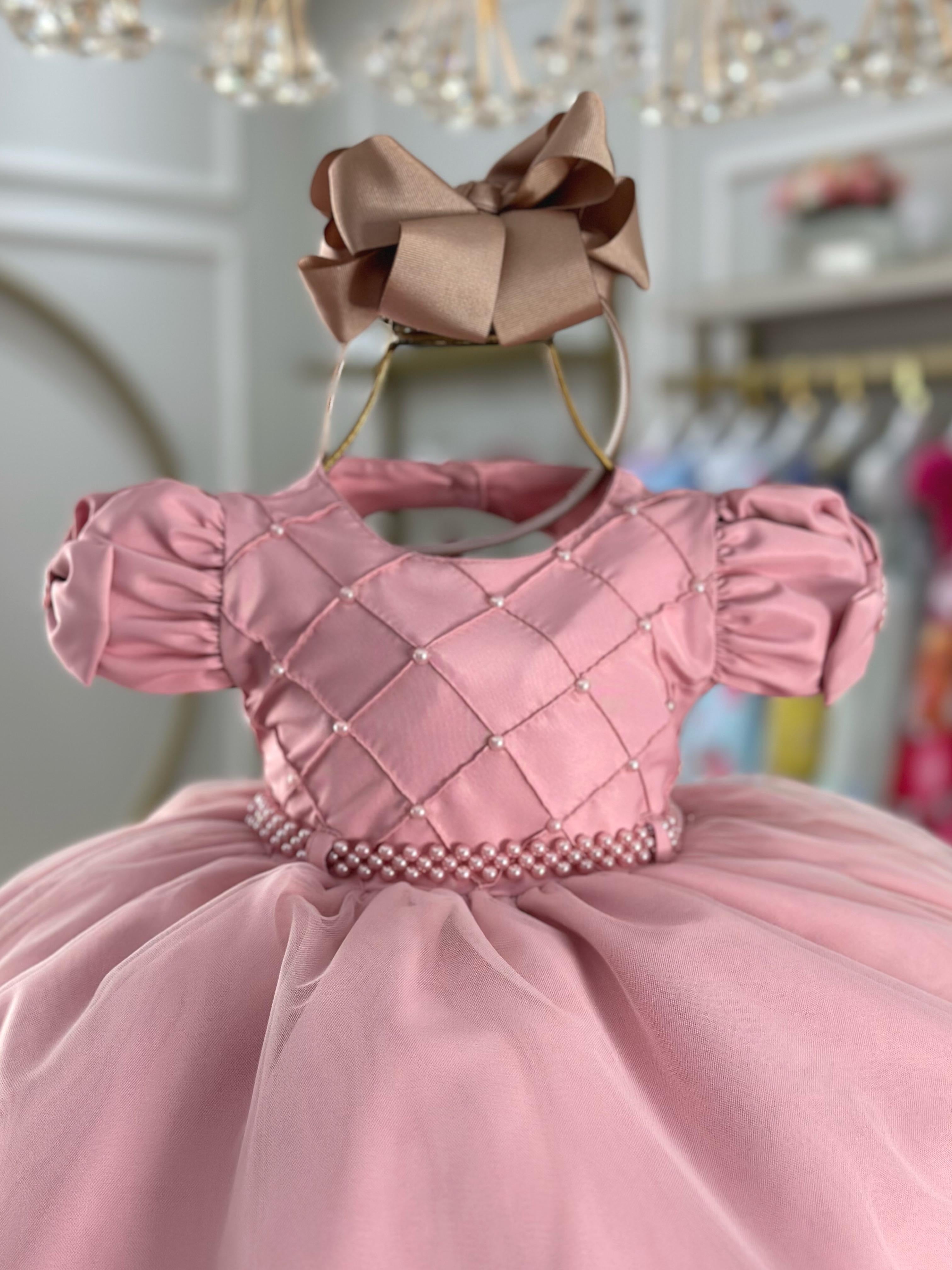 Vestido Infantil Bebê Rose C/ Busto Nervura Batizados