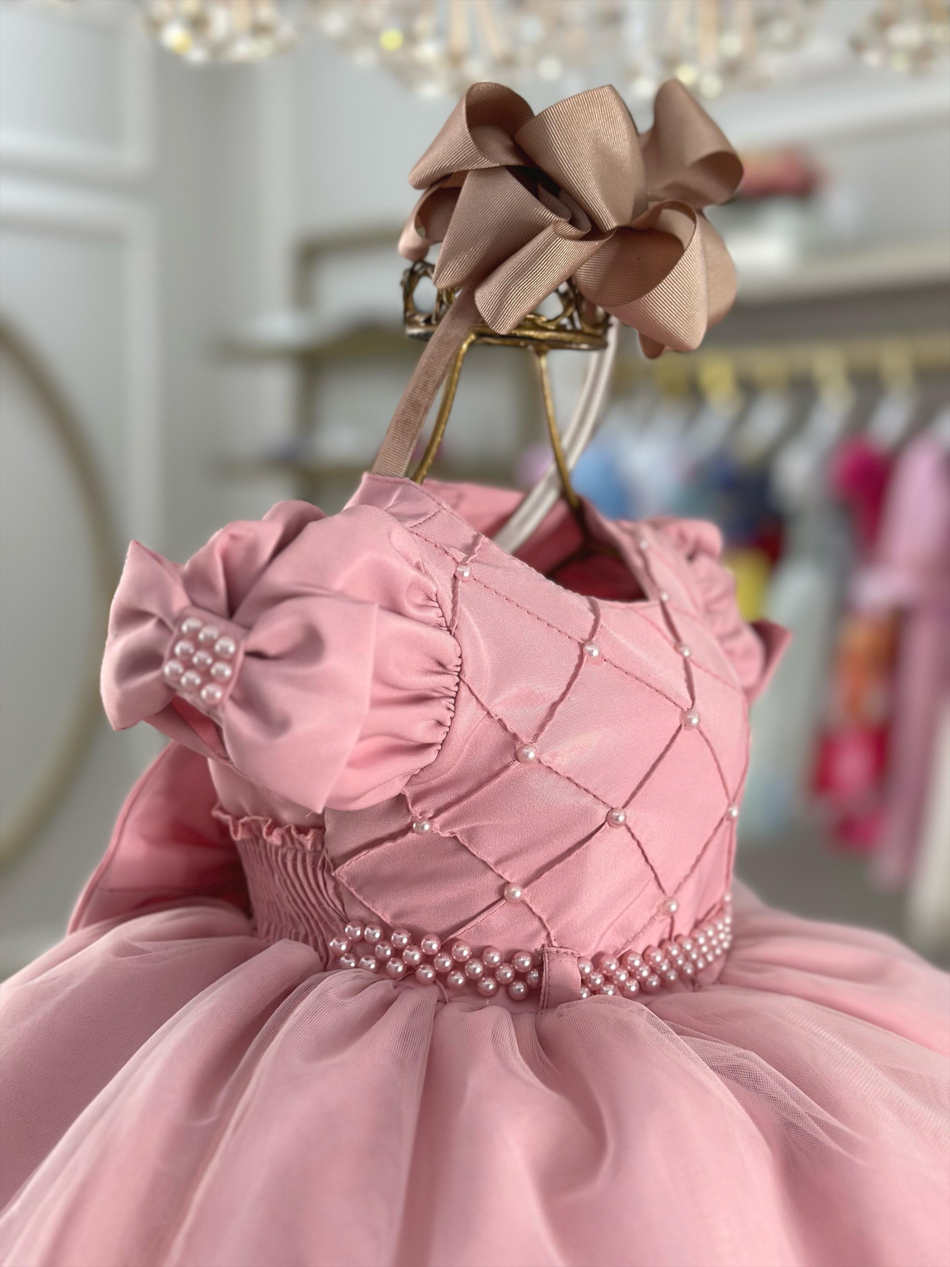 Vestido Infantil Bebê Rose C/ Busto Nervura Batizados