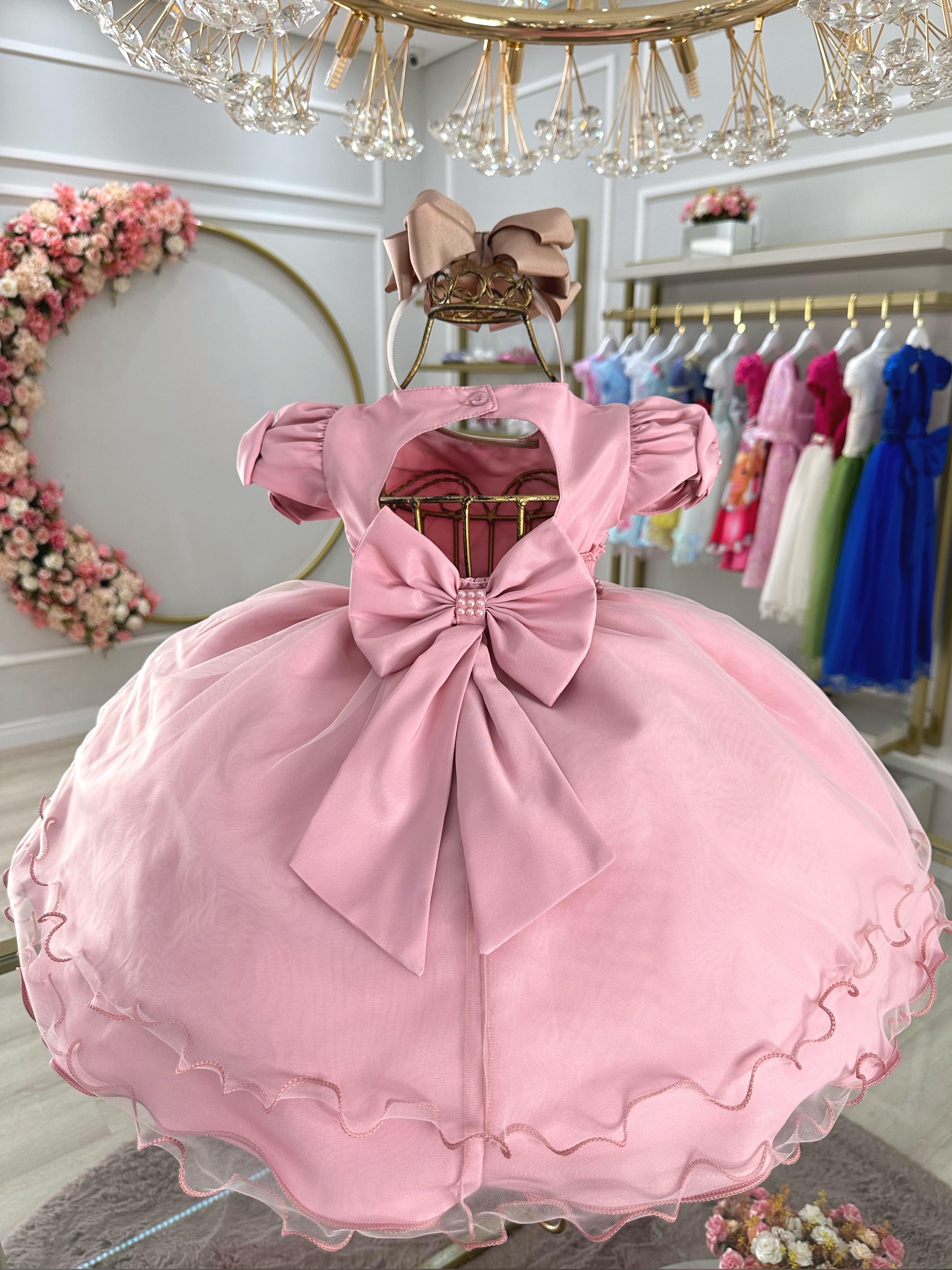 Vestido Infantil Bebê Rose C/ Busto Nervura Batizados