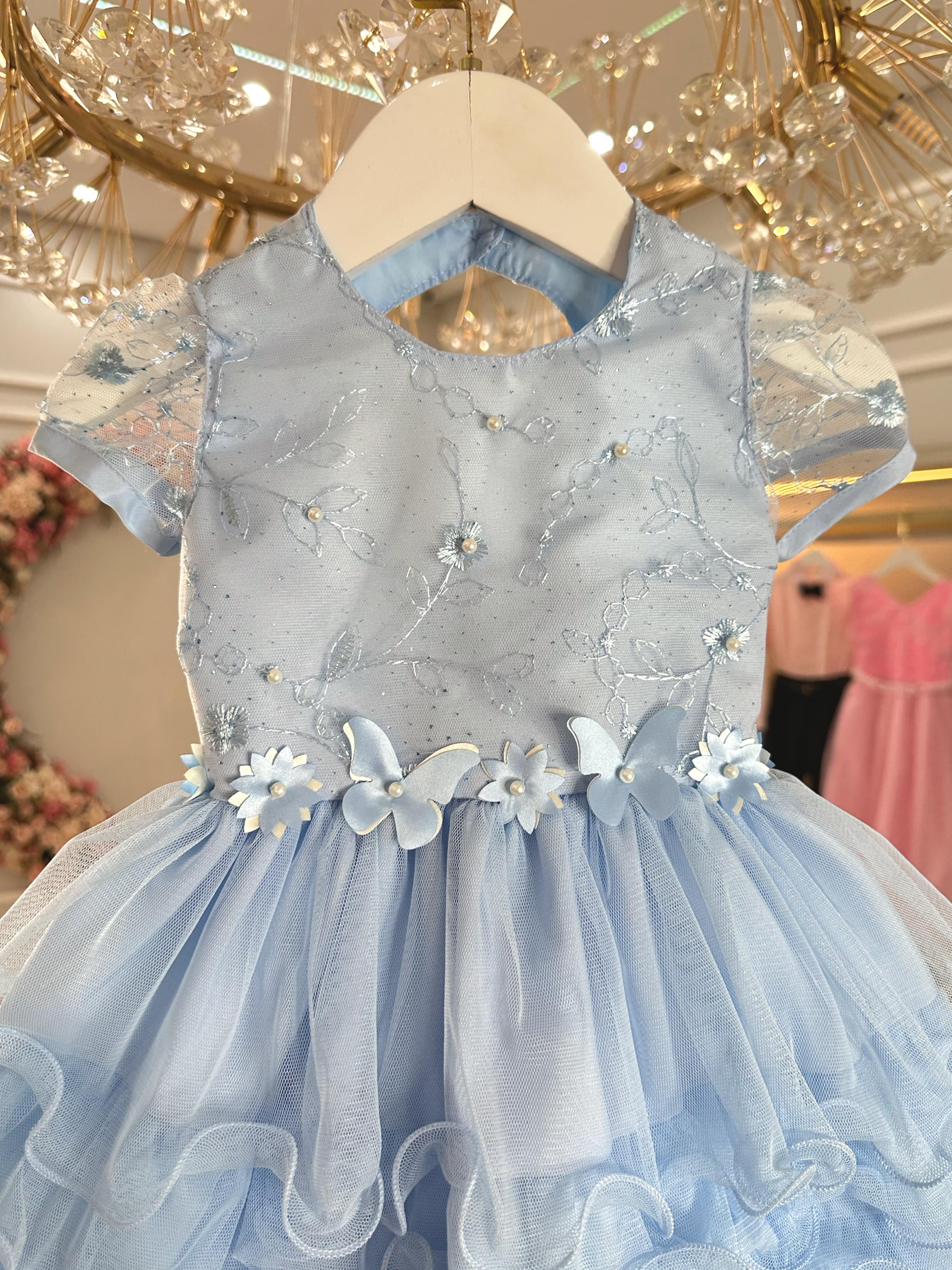 Vestido Bebê Azul Claro Jardim Encantado Batizado Festas