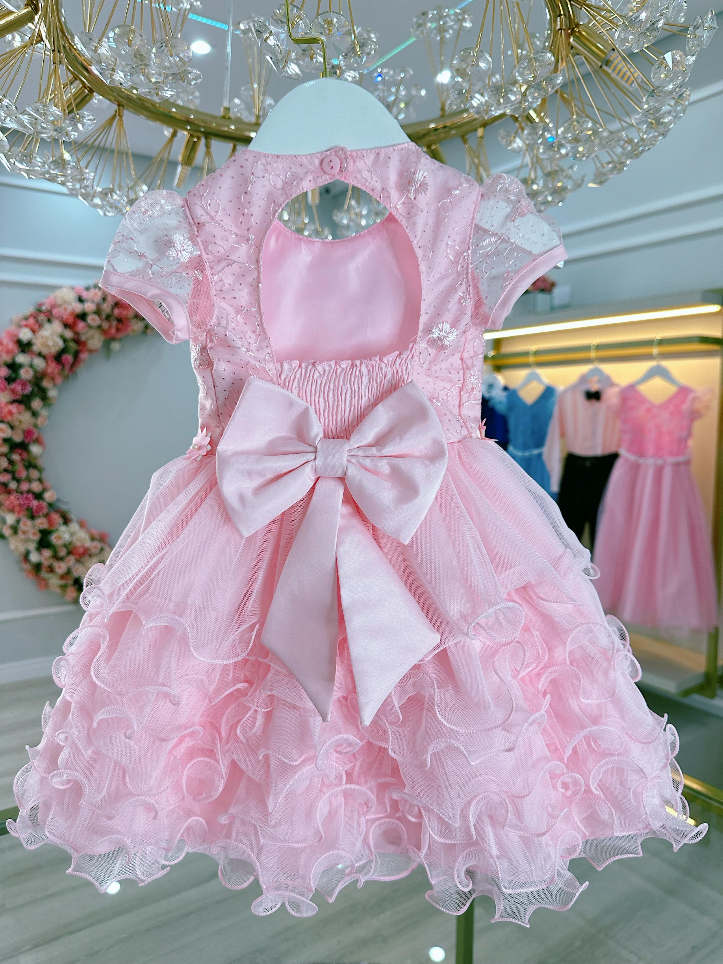 Vestido Bebê Rosa Claro Jardim Encantado Batizado Festas
