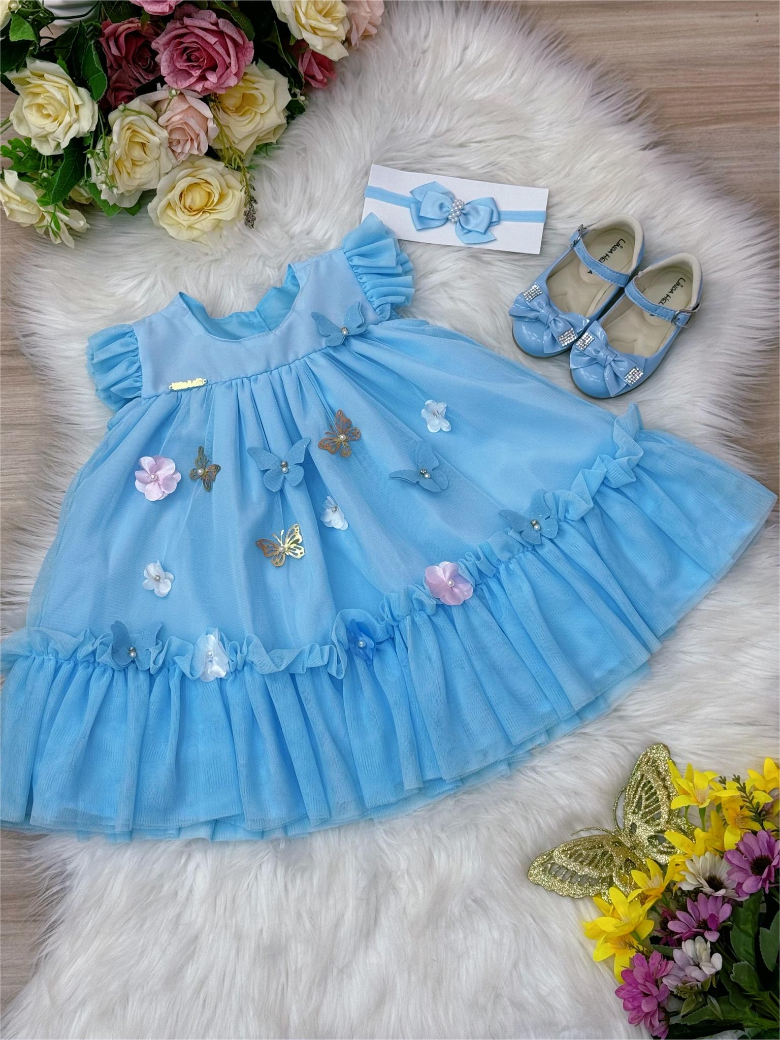 Vestido Infantil Bebê Azul Bebê Jardim Encantado Luxo